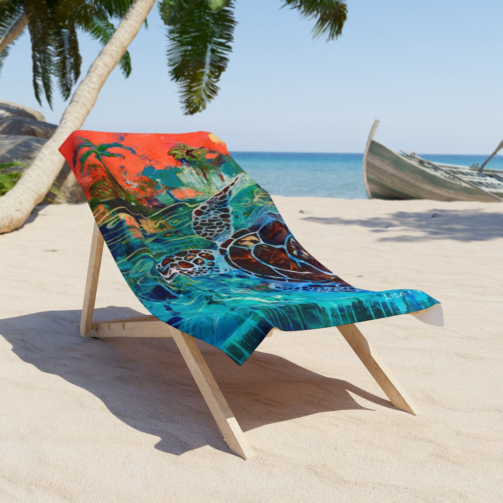 Beach Towel Sea Turtle Painting  — Vibrant Tropical Sunset Ocean Design