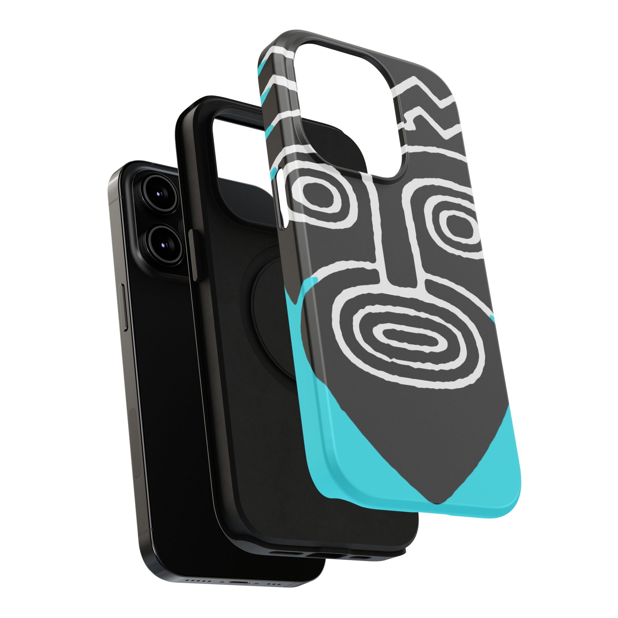 Phone case Impact-Resistant  — Abstract Tribal Mask Design (Black & Teal)