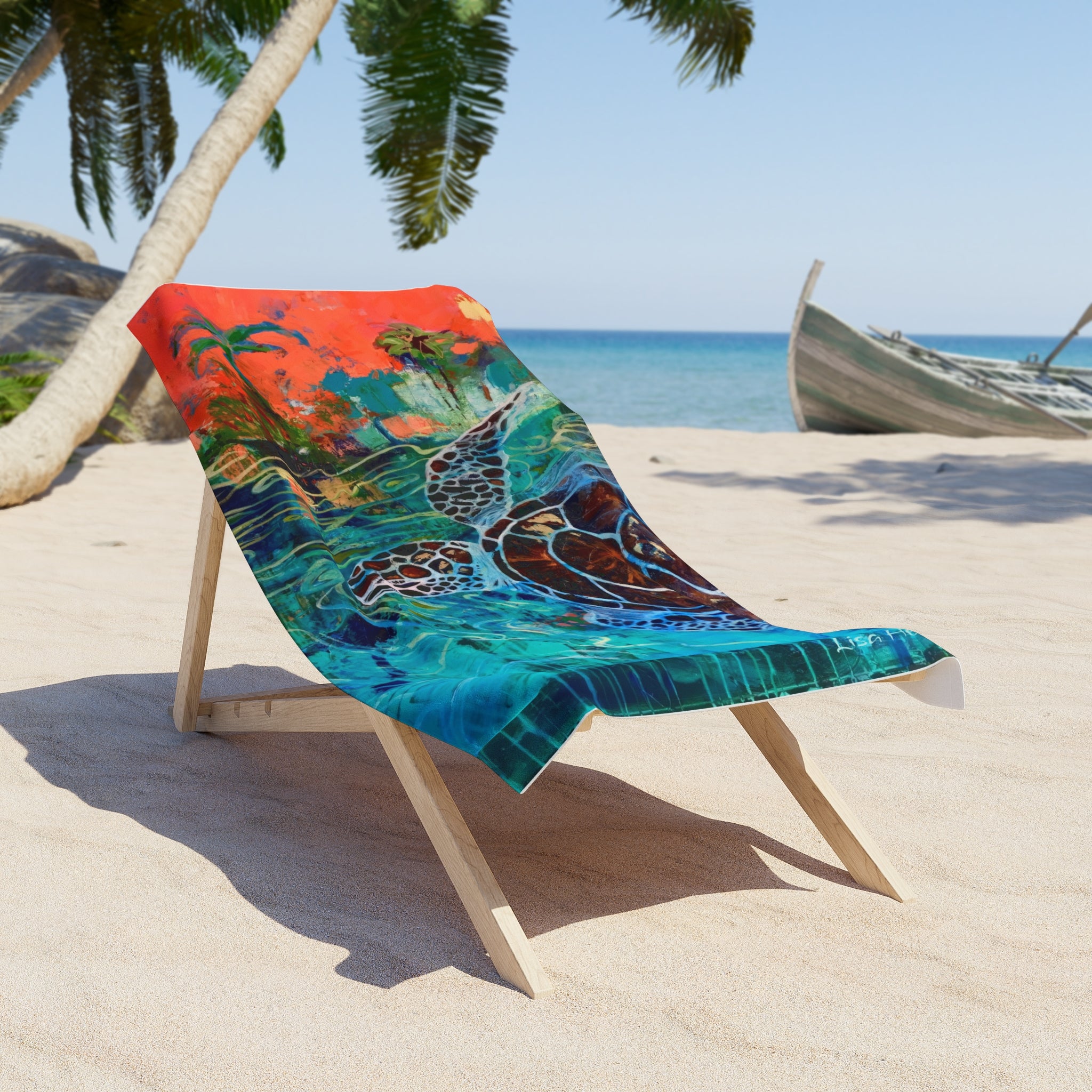 Beach Towel Sea Turtle Painting  — Vibrant Tropical Sunset Ocean Design