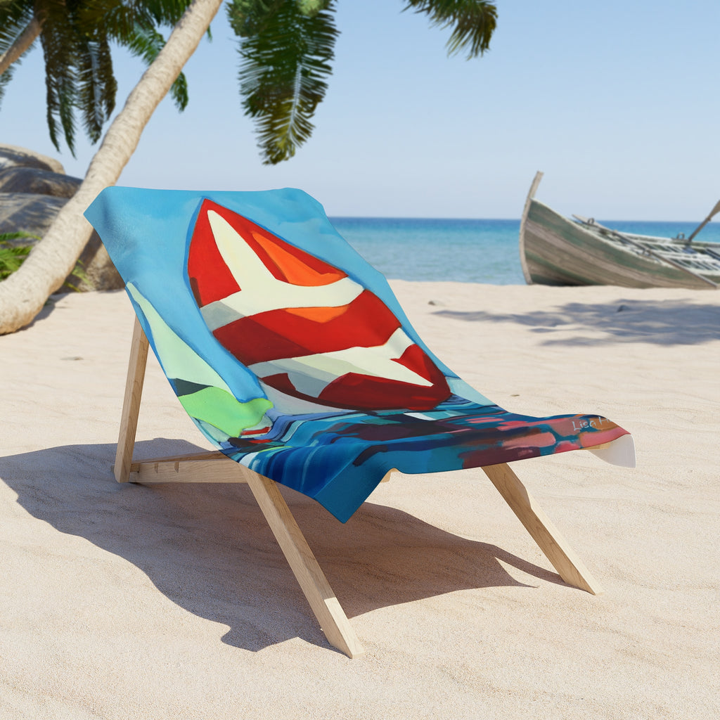 Beach Towel Print of Painting Sail Boats — Colorful Nautical Art Towel for Summer