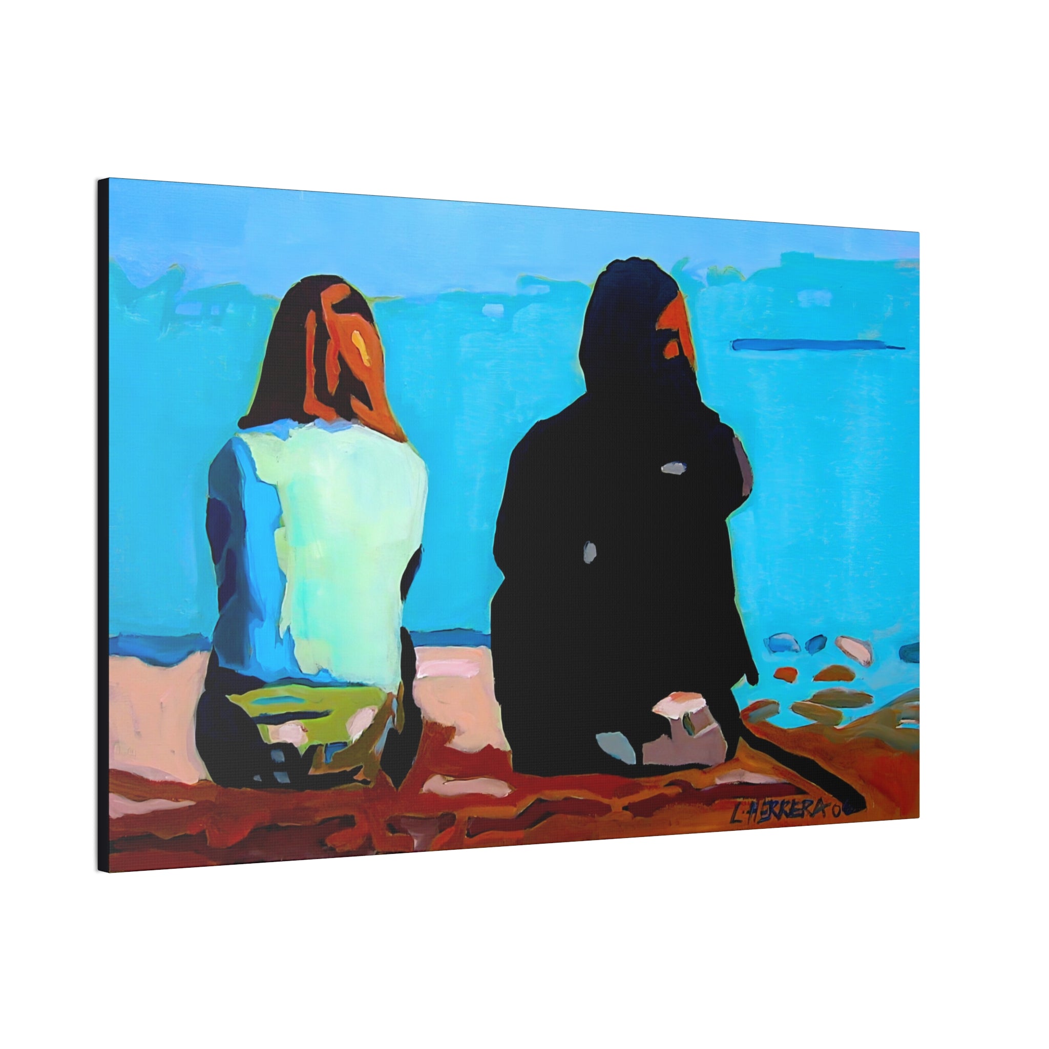 Canvas Print Lisa Herrera Art Two Friends Satin Canvas Wall Art — Friends Sitting by Ocean Stretched Print