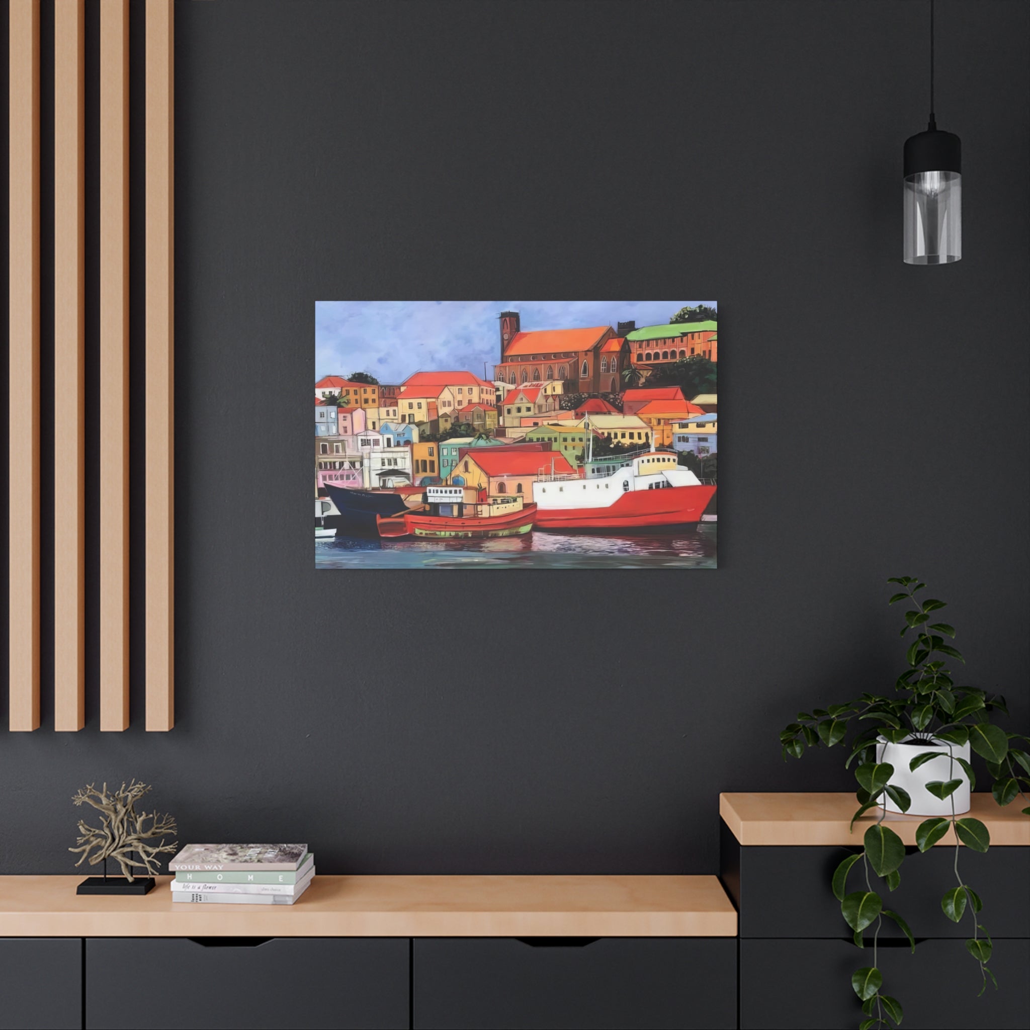Printed Canvas of St. George's Carenage  Matte Canvas Print — Colorful Coastal Boats Wall Art