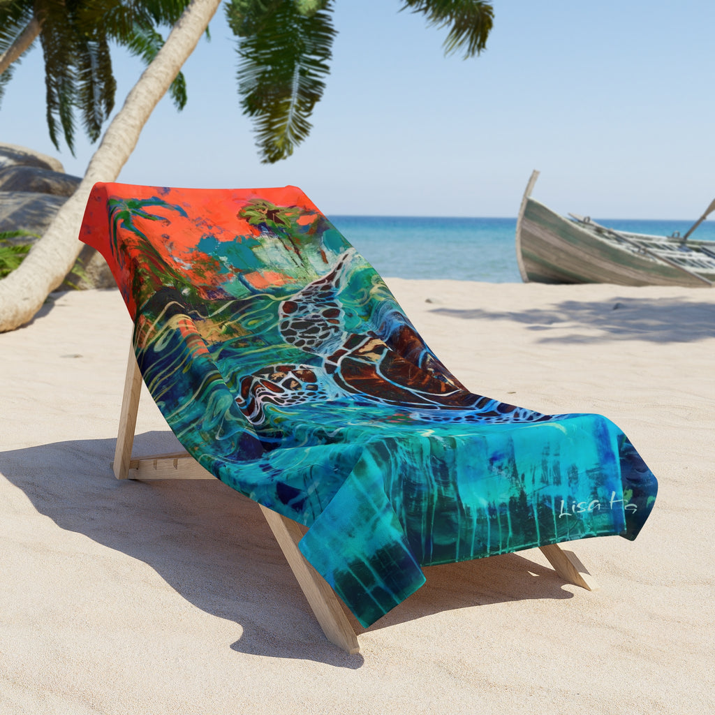 Beach Towel Sea Turtle Painting  — Vibrant Tropical Sunset Ocean Design