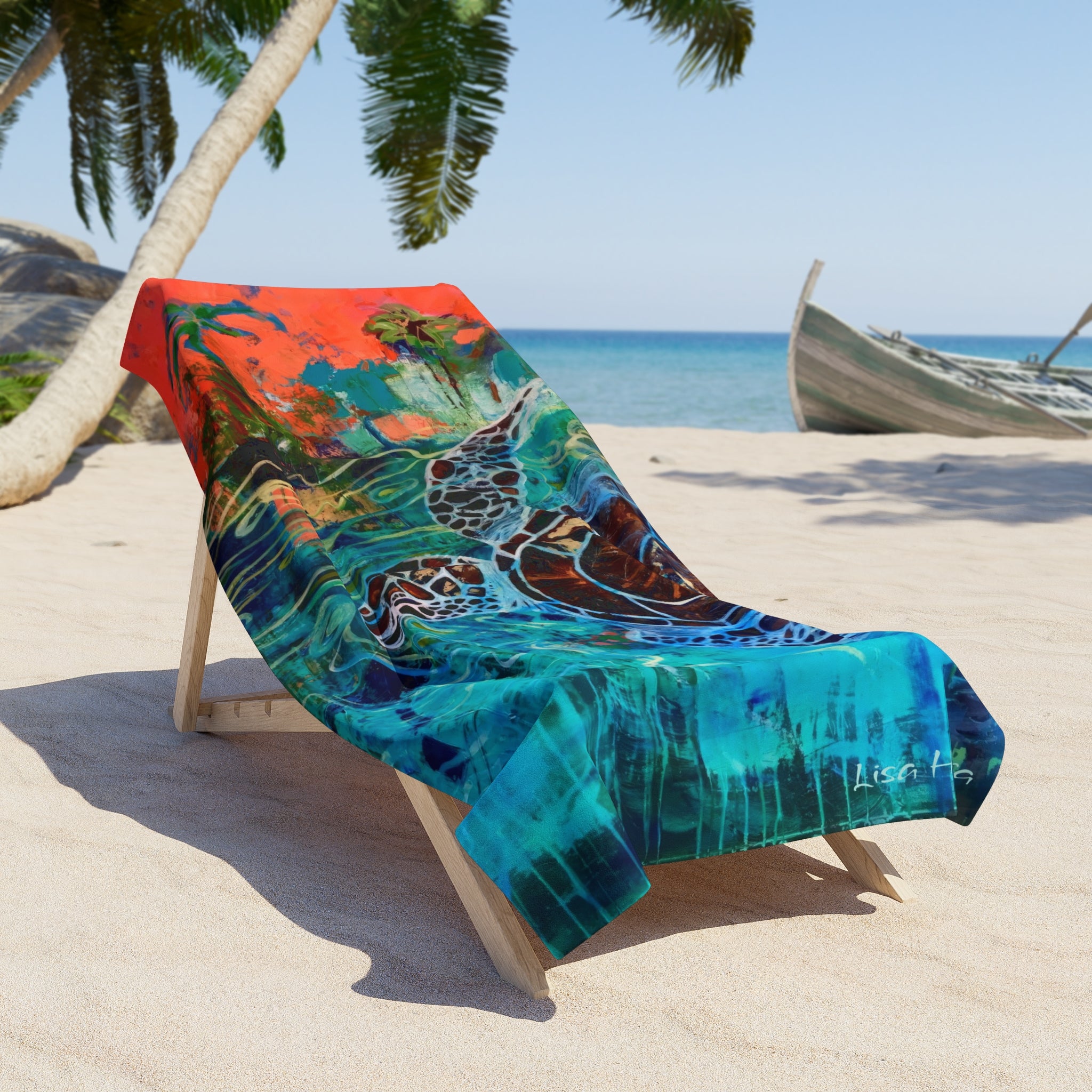 Beach Towel Sea Turtle Painting  — Vibrant Tropical Sunset Ocean Design