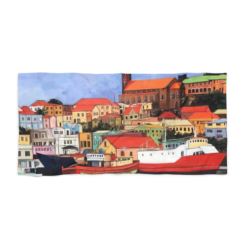 Beach Towel print of The Carenage Grenada — Colorful Carenage with boats Design