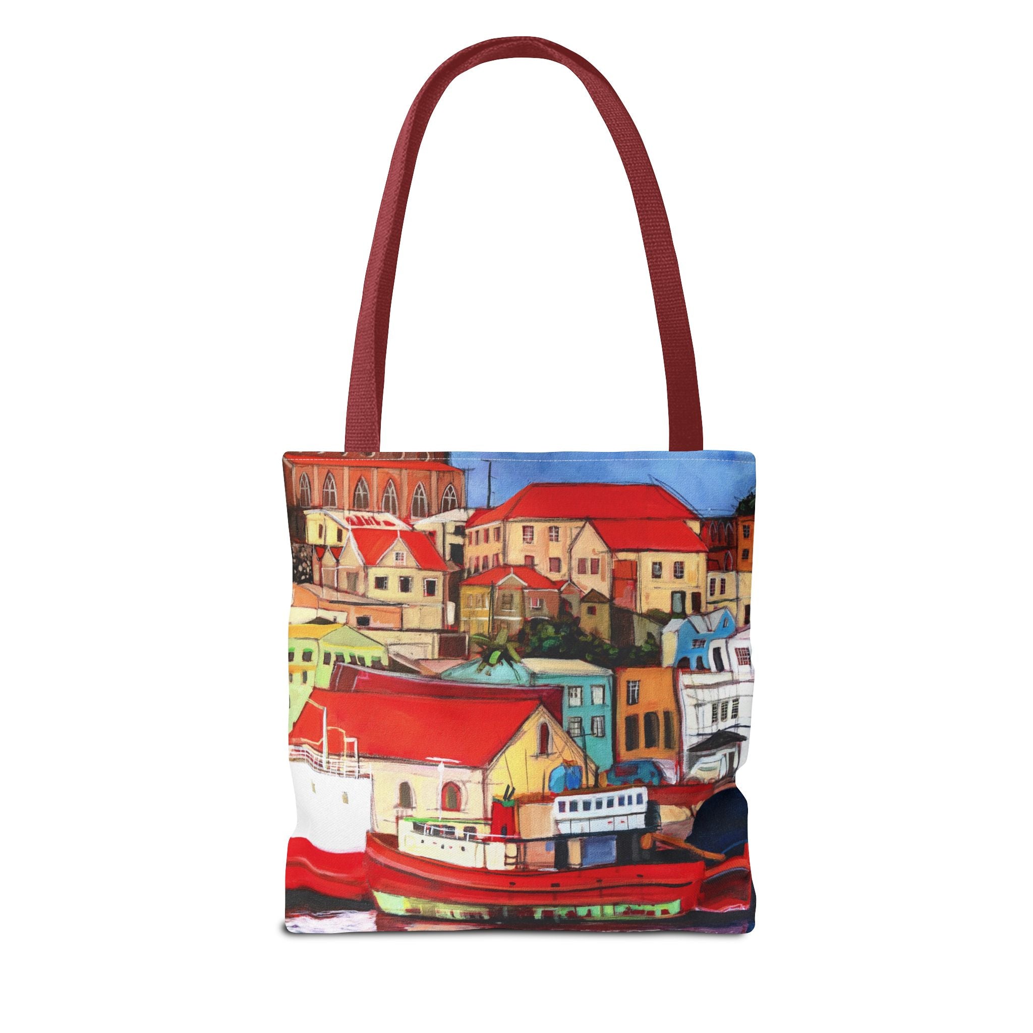 Tote Bag Grenada W.I. Town Buildings on the Carenage Colorful  — All-Over Print Canvas Beach & Market Shopper