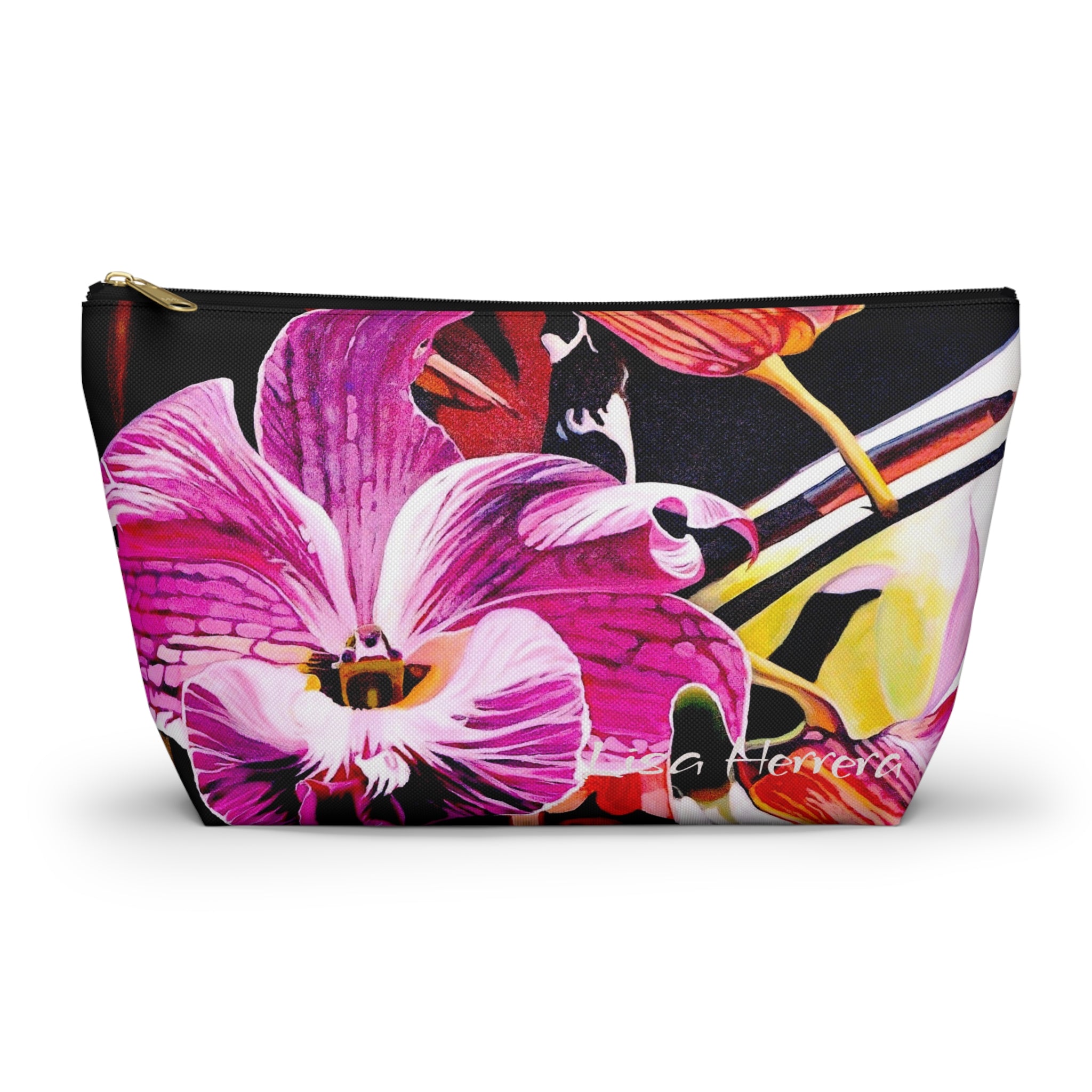 Floral Orchid Accessory Pouch Lisa Herrera art  — Pink Tropical Makeup Bag with T-Bottom