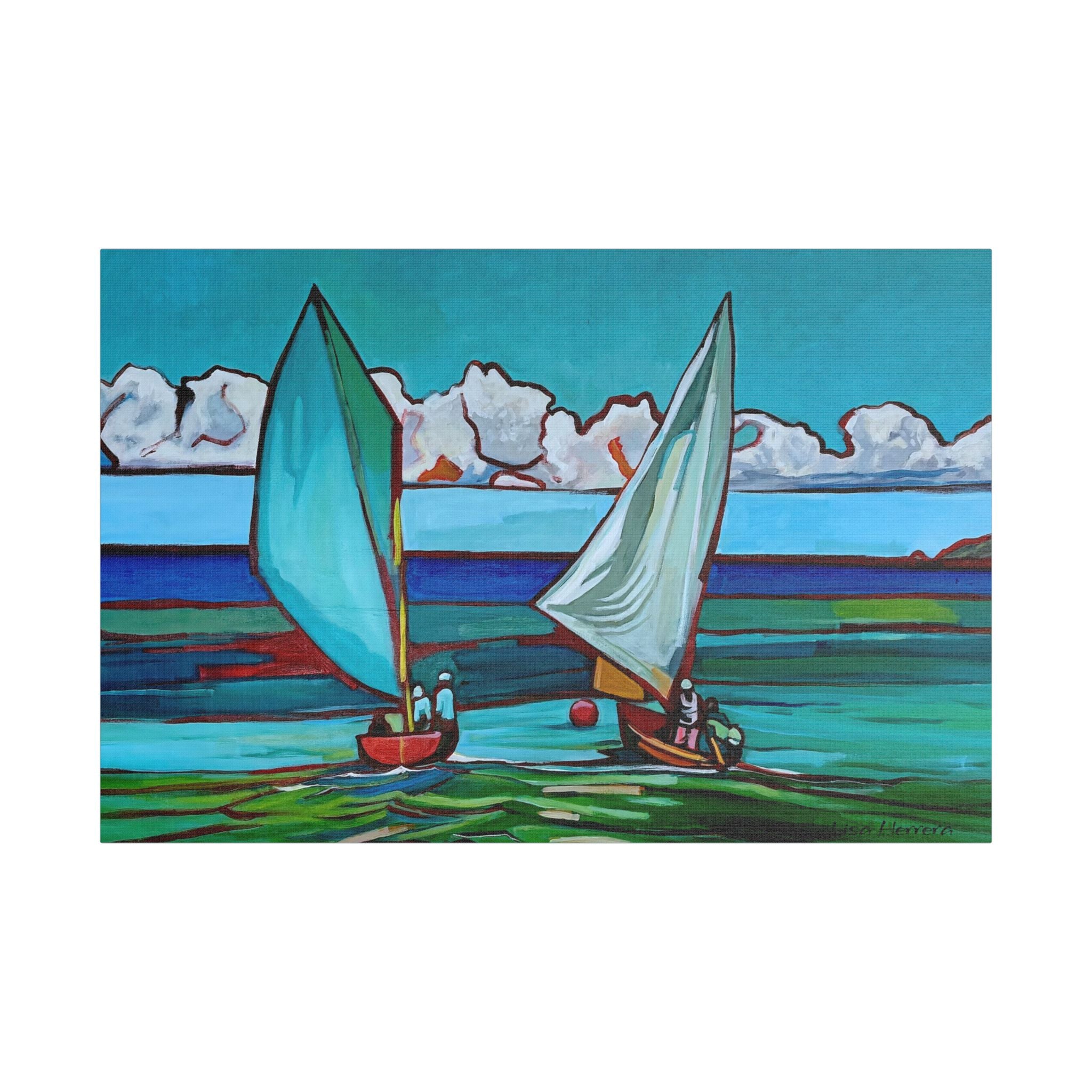 Canvas Print Lisa Herrera Art Workboat Race Sailboats at Sea Satin Canvas Print