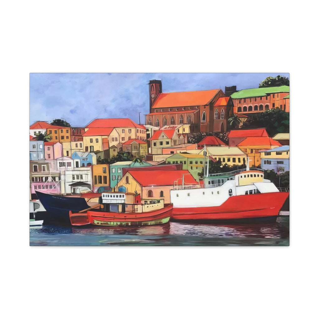 Printed Canvas of St. George's Carenage  Matte Canvas Print — Colorful Coastal Boats Wall Art