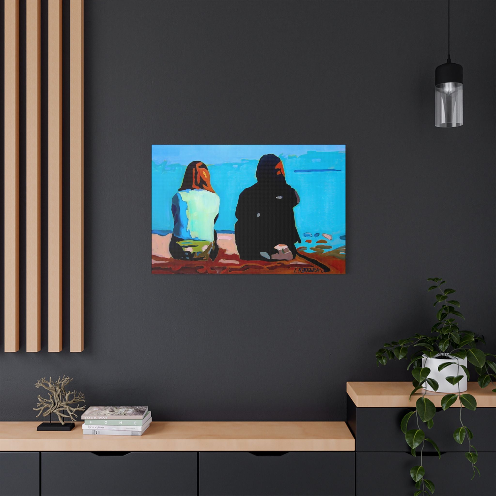 Canvas Print Lisa Herrera Art Beachside Conversation Satin Canvas Wall Art — Friends Sitting by Ocean Stretched Print