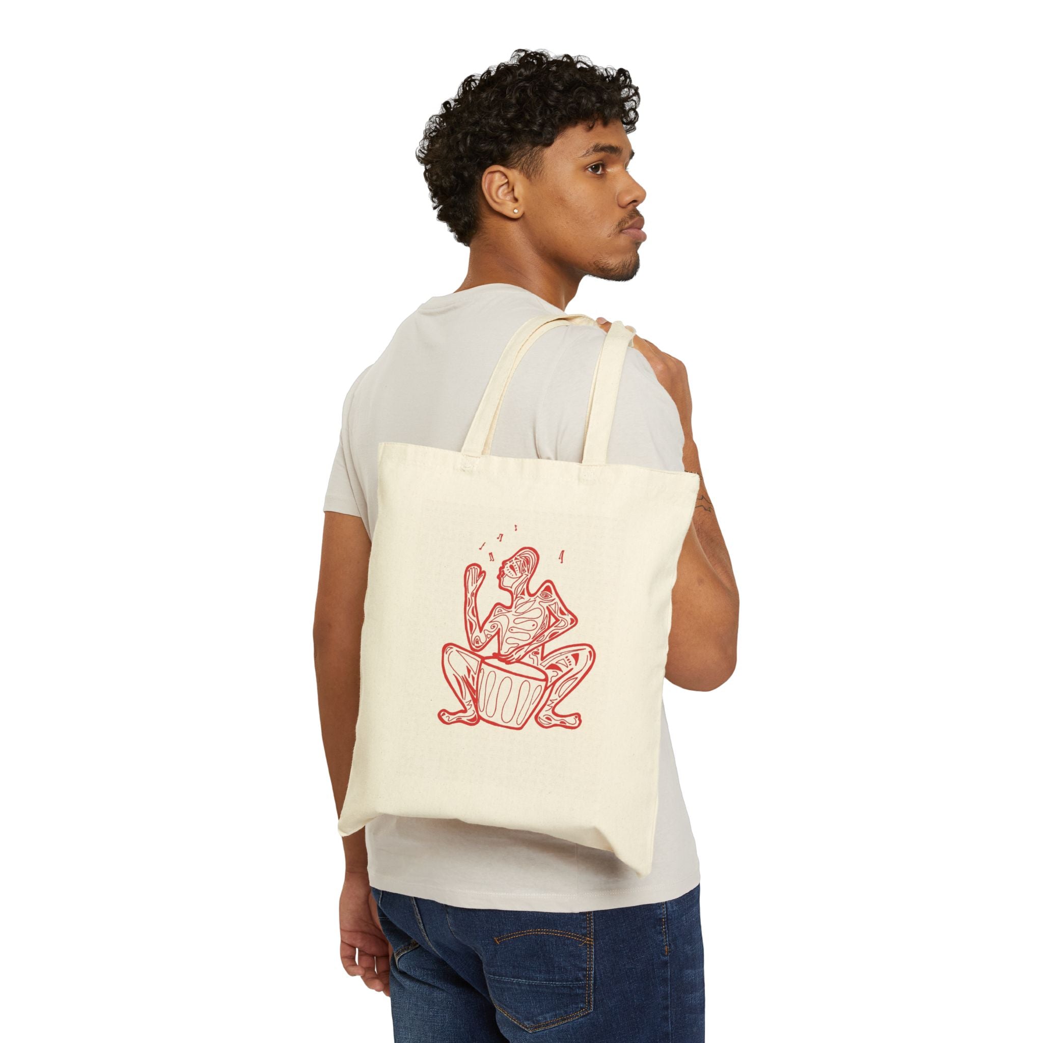 Tote Bag Canvas with Red Line Art Native Drummer — Eco-Friendly Music Lover Tote