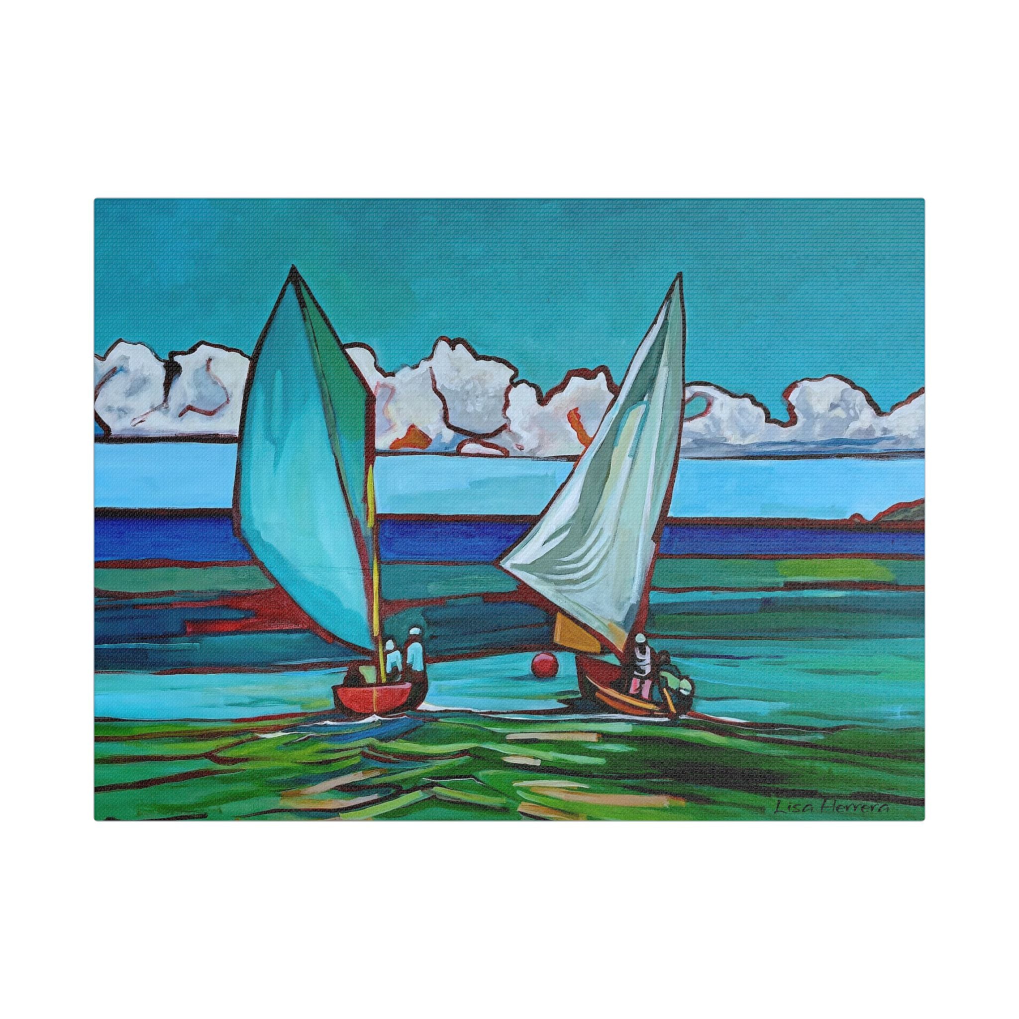 Canvas Print Lisa Herrera Art Workboat Race Sailboats at Sea Satin Canvas Print