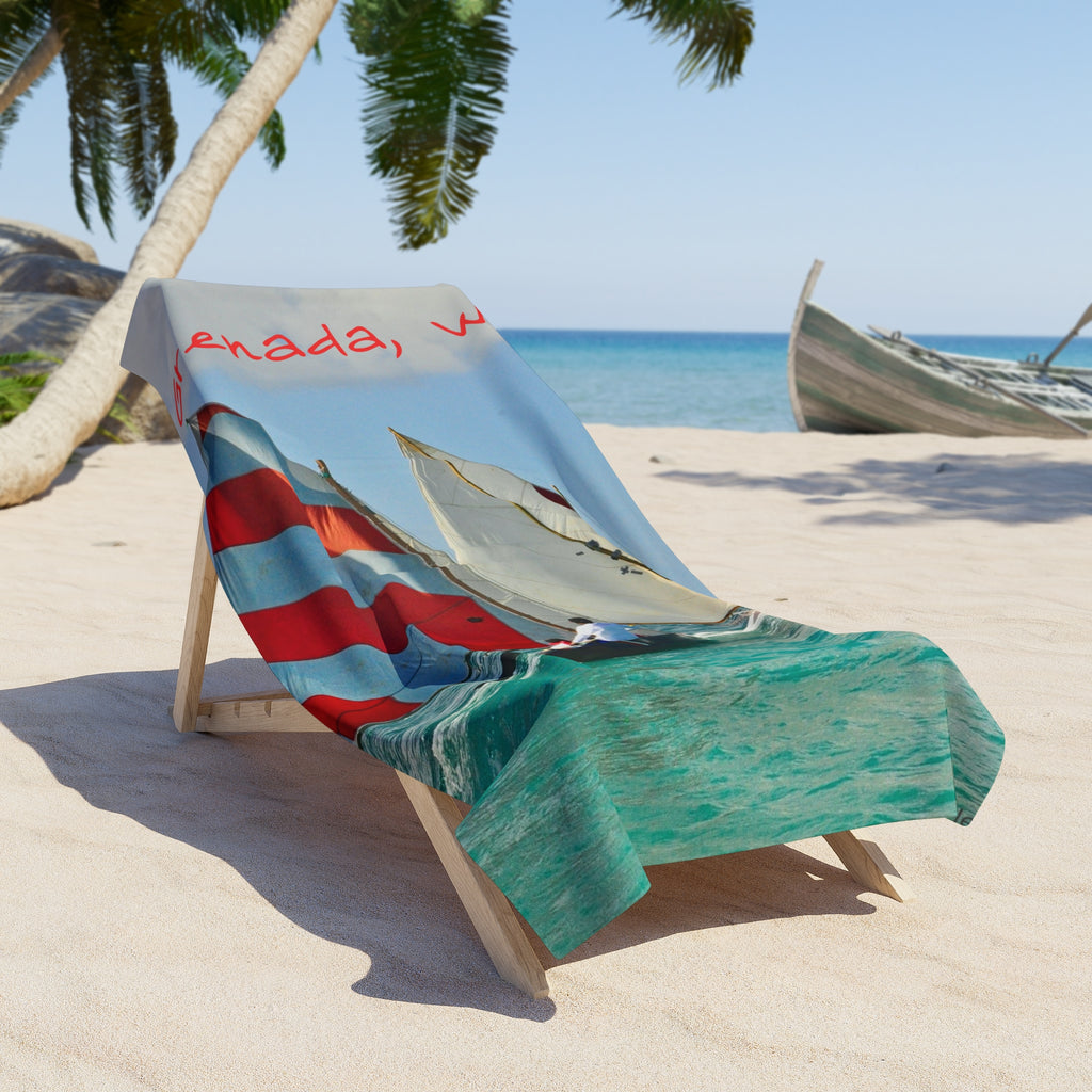 Beach Towel Grenada W.I. Print of Painting Work Boat Sailing Regatta— Print of Painting Red-Striped Sailboat Print