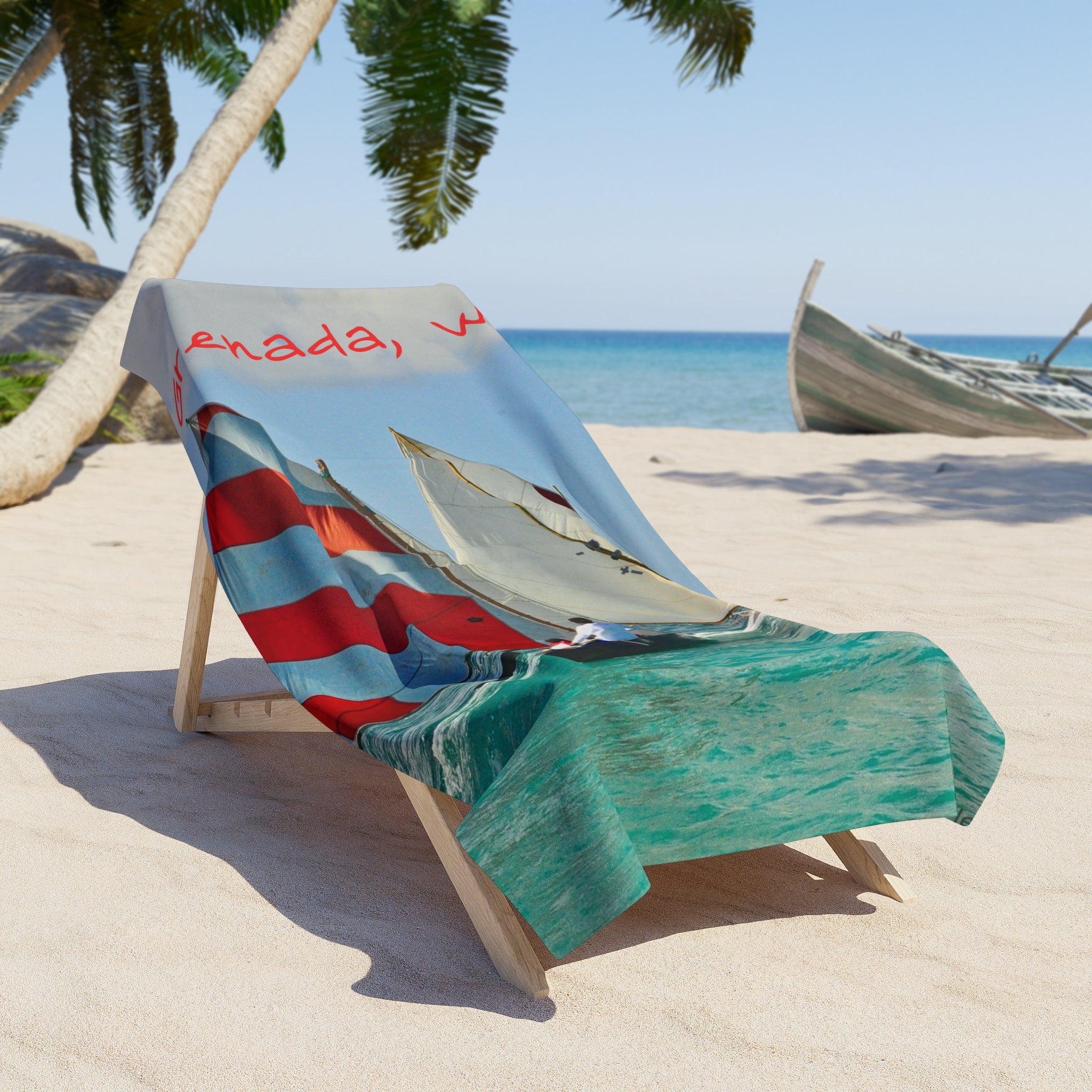 Beach Towel Grenada W.I. Print of Painting Work Boat Sailing Regatta— Print of Painting Red-Striped Sailboat Print
