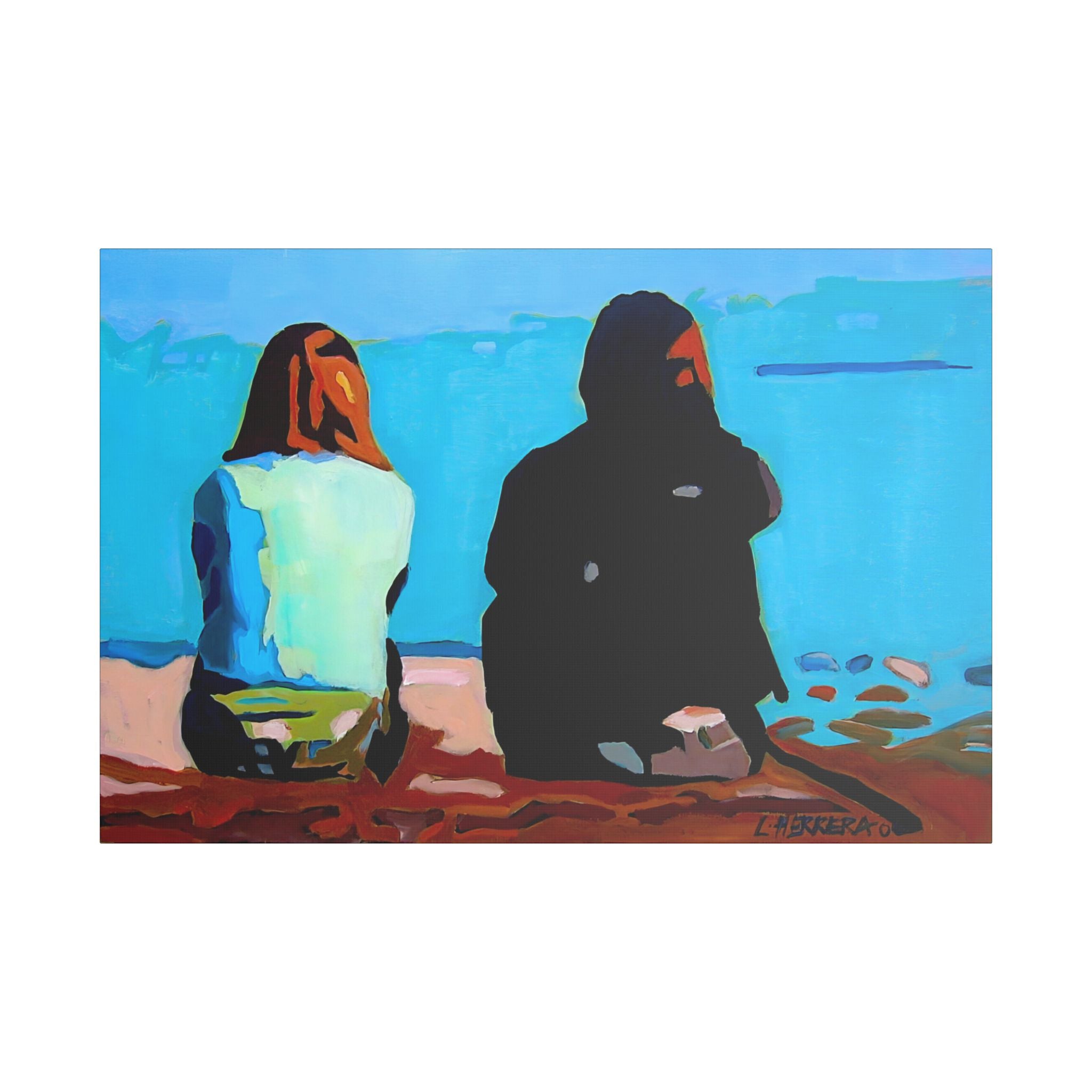 Canvas Print Lisa Herrera Art Beachside Conversation Satin Canvas Wall Art — Friends Sitting by Ocean Stretched Print