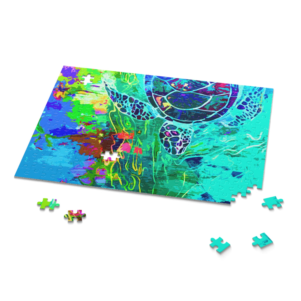 Puzzle Lisa Herrera art Swimming Turtle Abstract Puzzle — Colorful Beach Art Jigsaw (120/252/500-Piece)