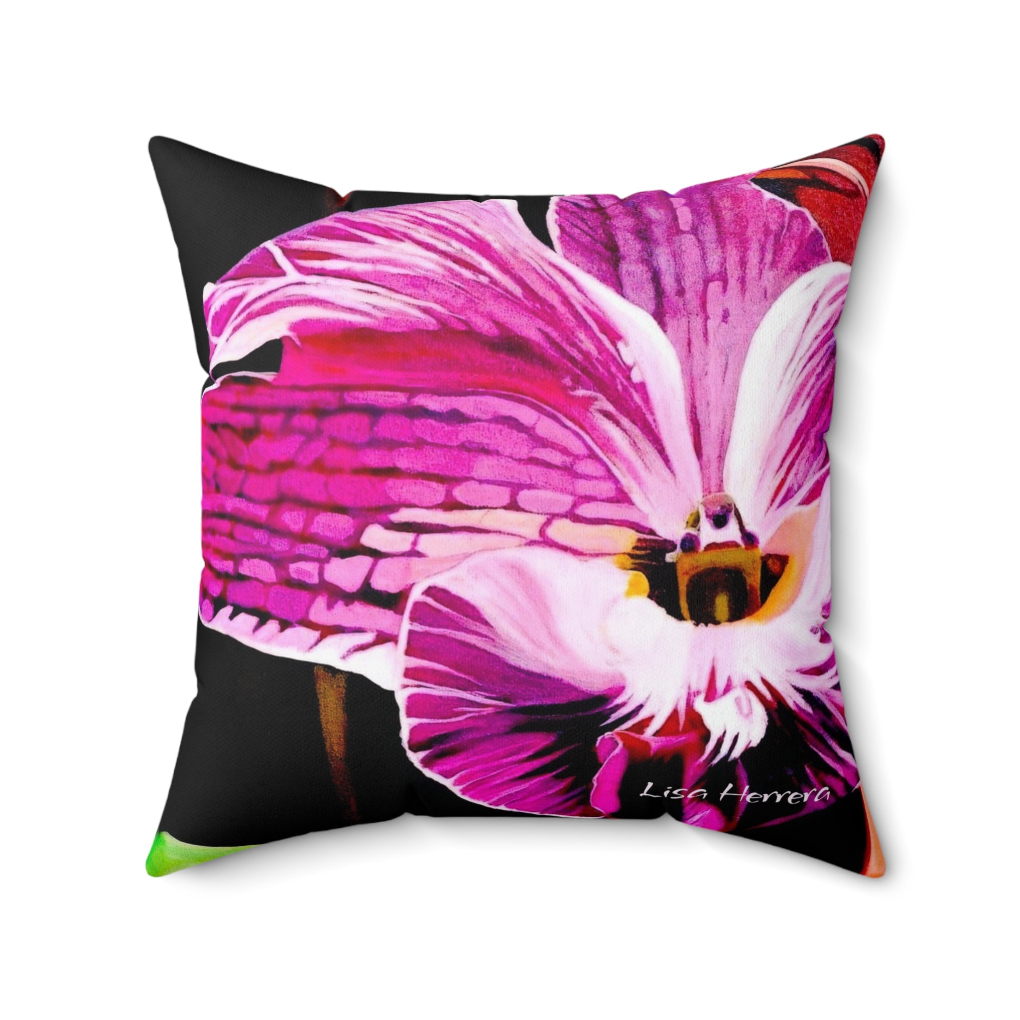 Throw Pillow Lisa Herrera Art Print Purple Orchid Bloom Pillow — Vibrant Pink Floral Decorative Throw Pillow
