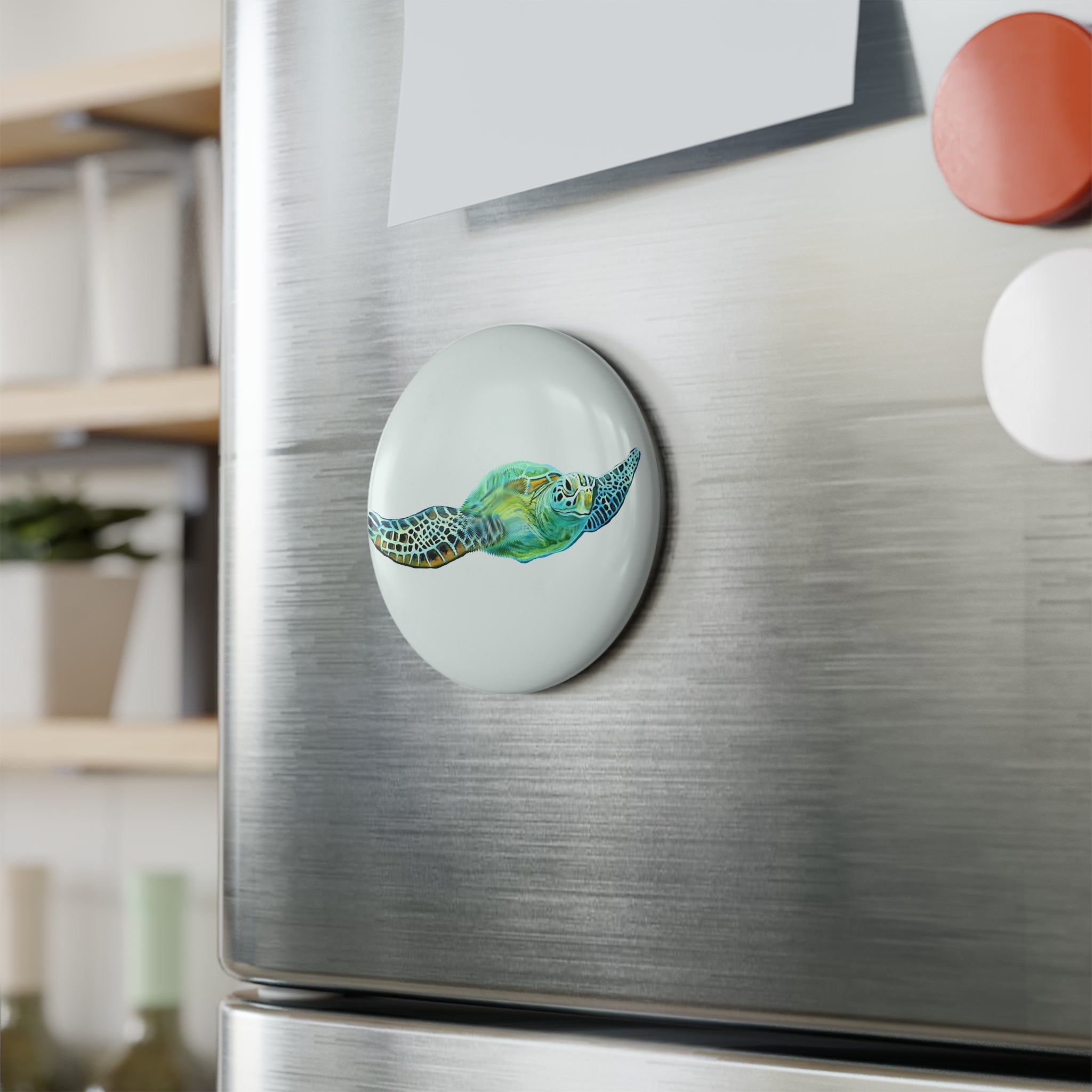 Magnet Lisa Herrera art print Sea Turtle Button — Ocean Wildlife Round Magnetic Pin