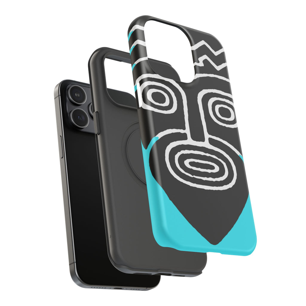 Phone case Impact-Resistant  — Abstract Tribal Mask Design (Black & Teal)