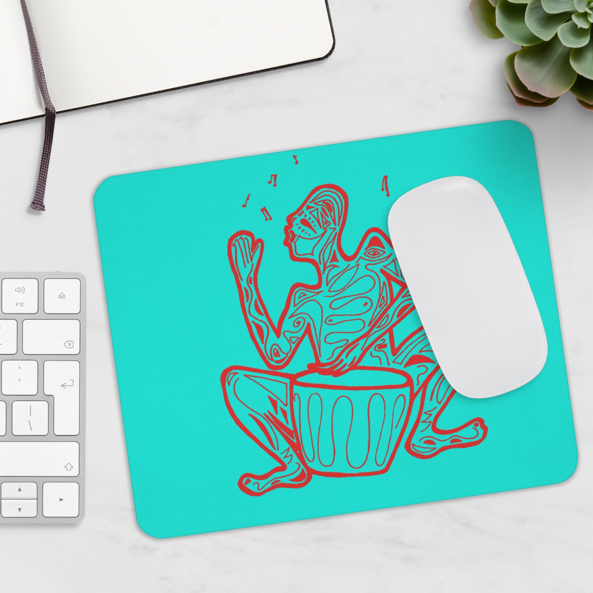Mouse Pad Native Drummer Illustration— Turquoise Tribal Drummer Mouse Pad