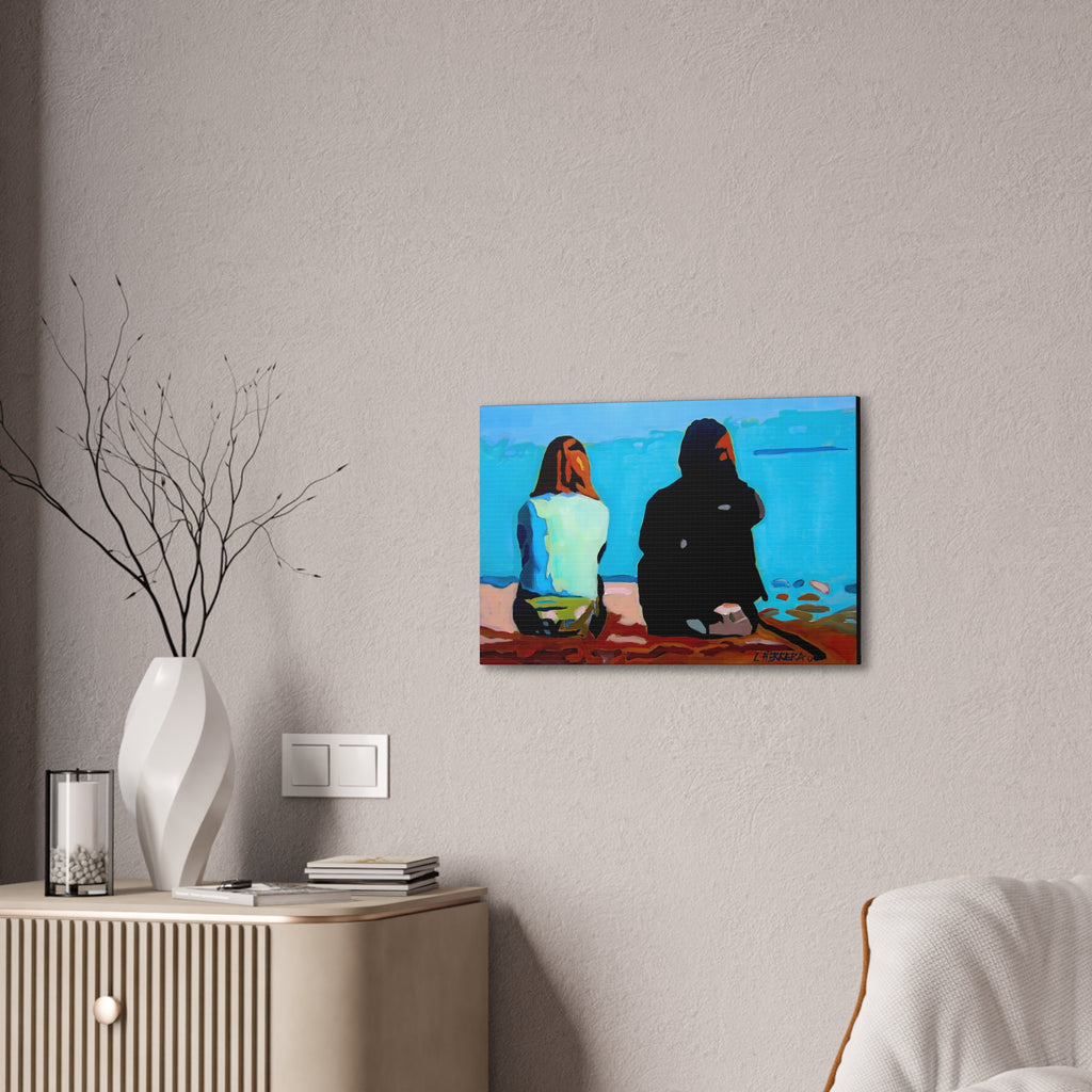 Canvas Print Lisa Herrera Art Two Friends Satin Canvas Wall Art — Friends Sitting by Ocean Stretched Print