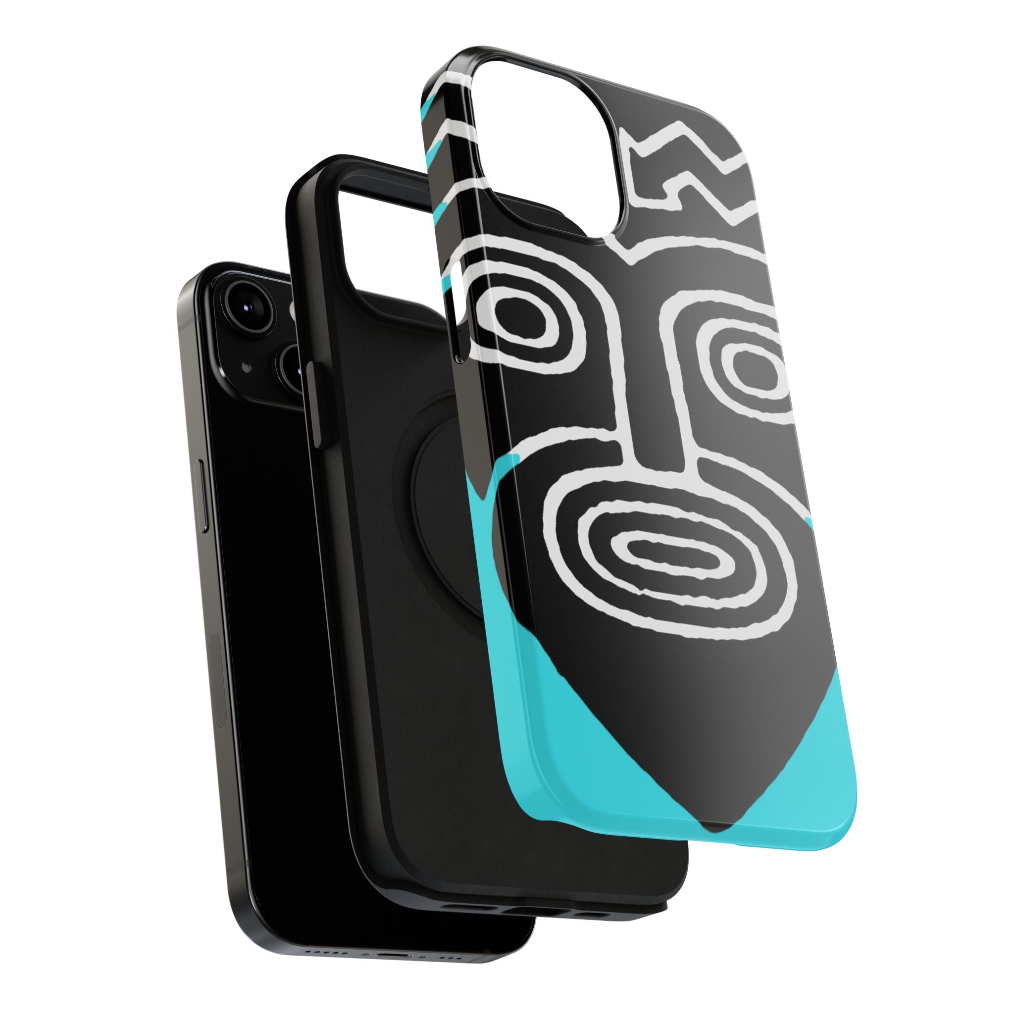 Phone case Impact-Resistant  — Abstract Tribal Mask Design (Black & Teal)