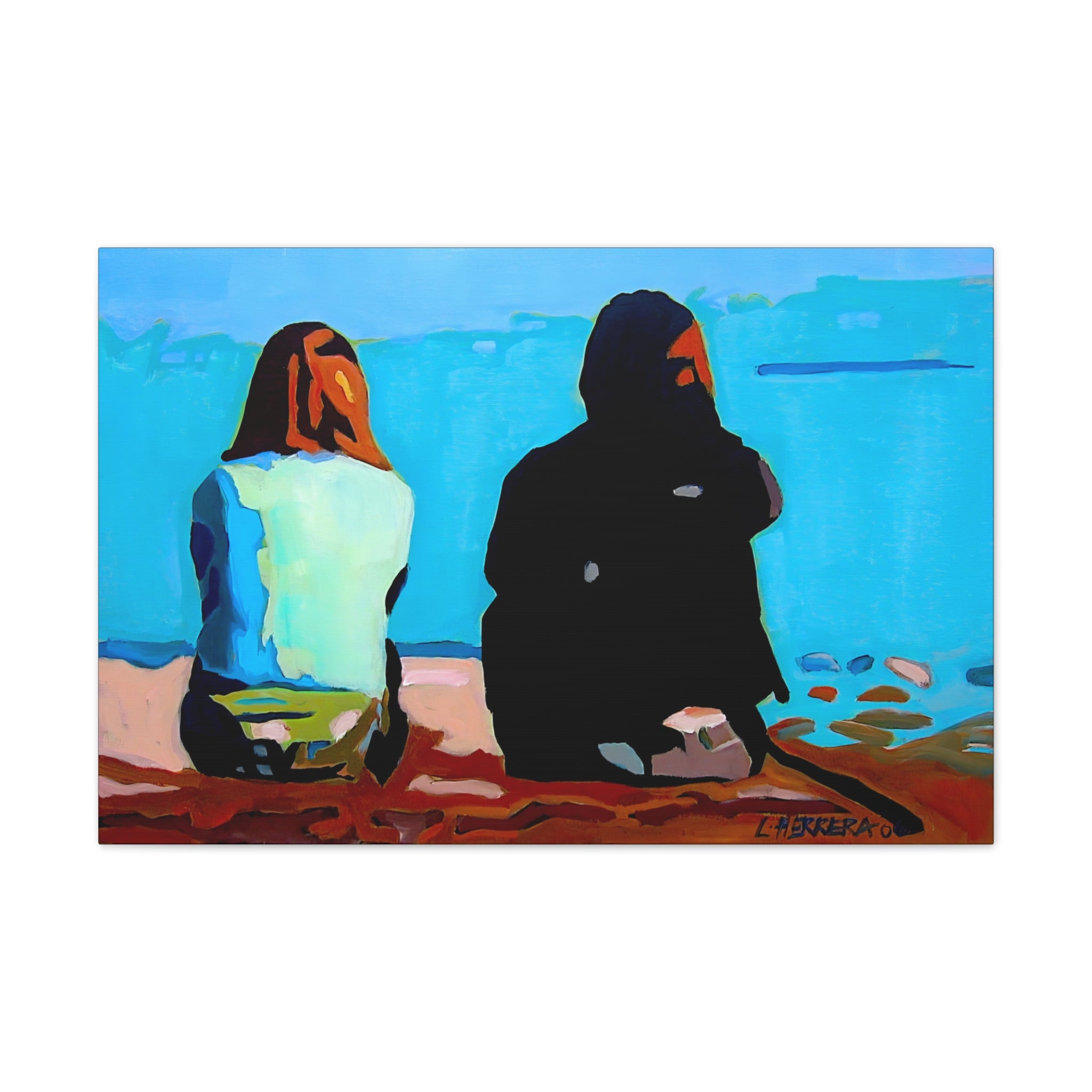 Canvas Print Lisa Herrera Art Two Friends Satin Canvas Wall Art — Friends Sitting by Ocean Stretched Print