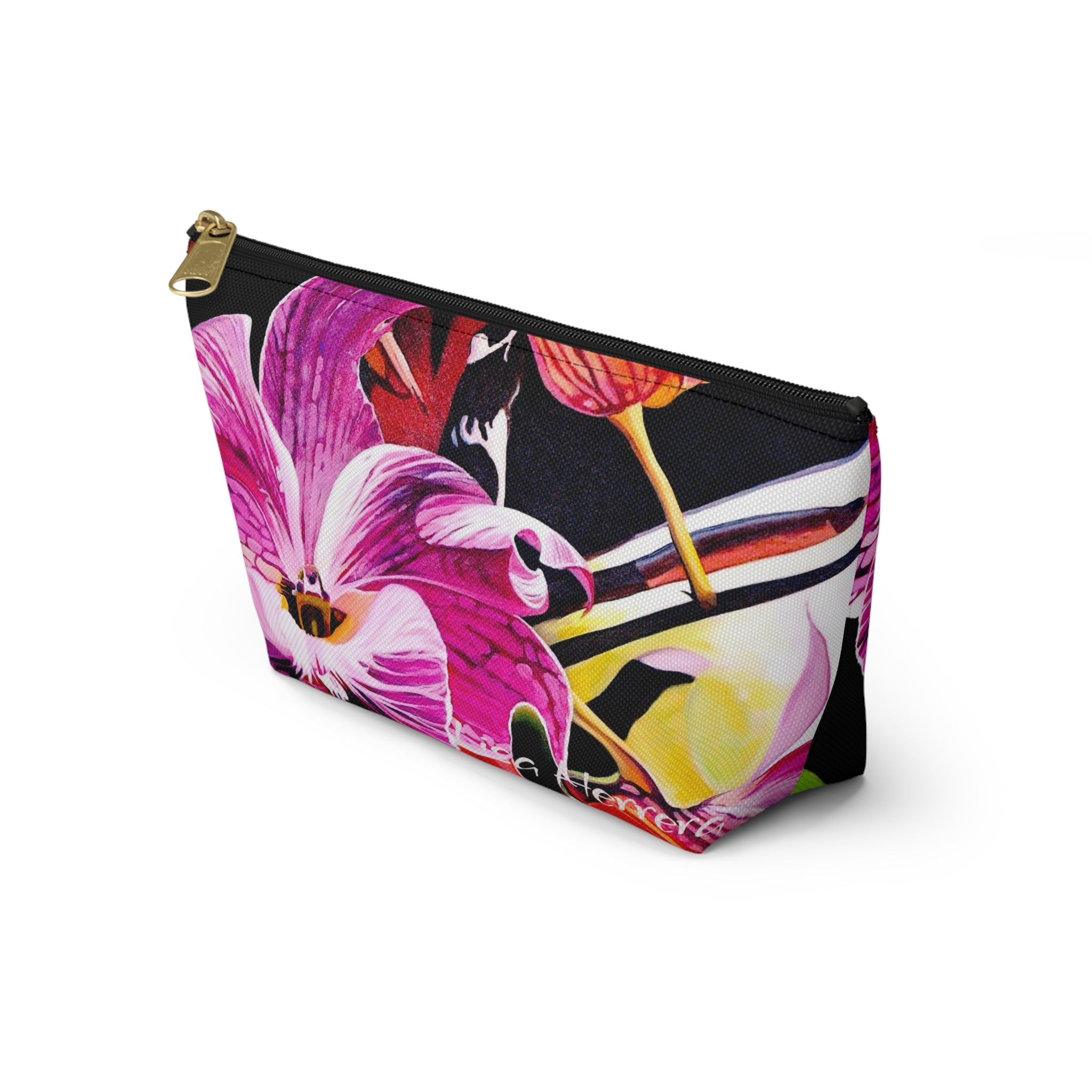 Floral Orchid Accessory Pouch Lisa Herrera art  — Pink Tropical Makeup Bag with T-Bottom
