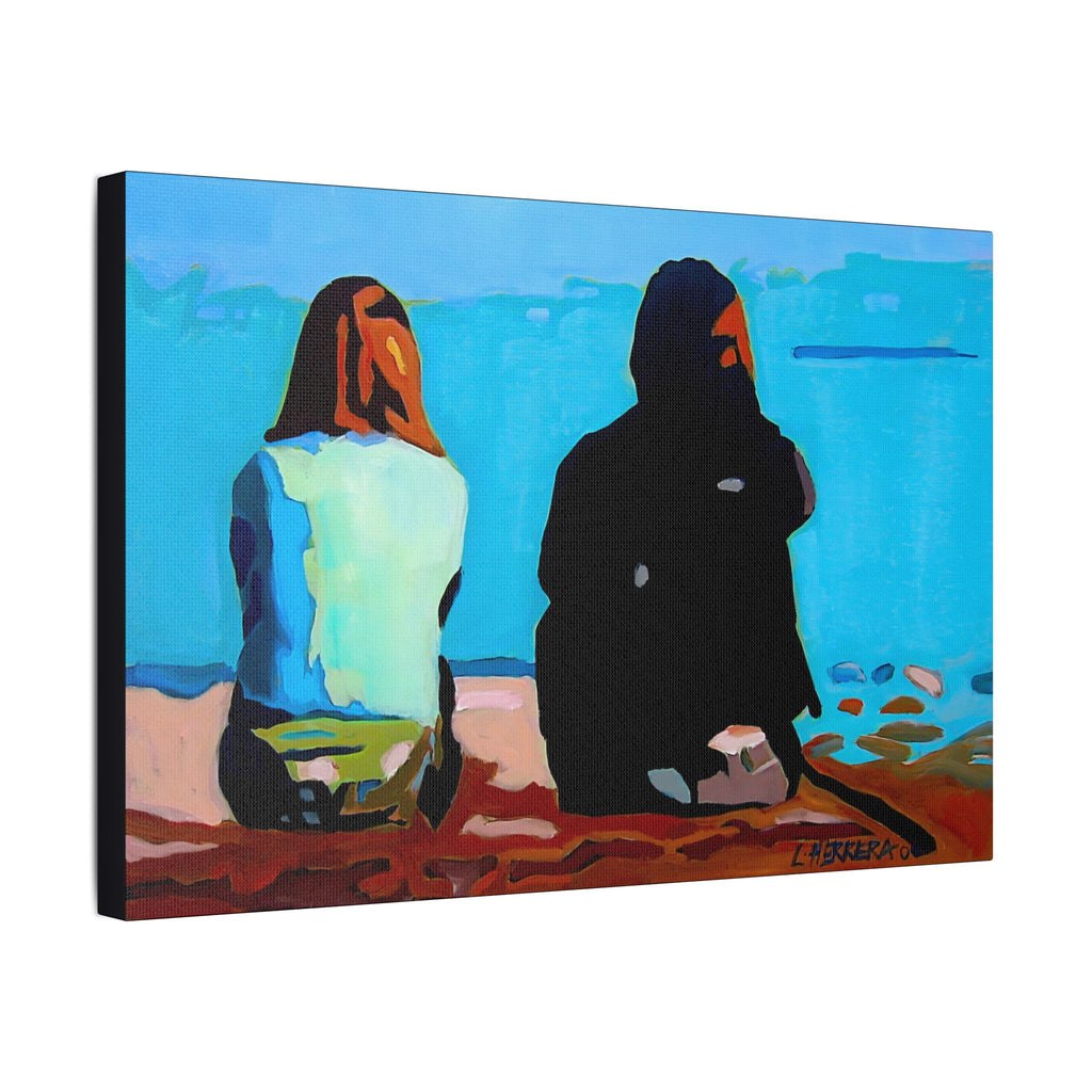 Canvas Print Lisa Herrera Art Beachside Conversation Satin Canvas Wall Art — Friends Sitting by Ocean Stretched Print