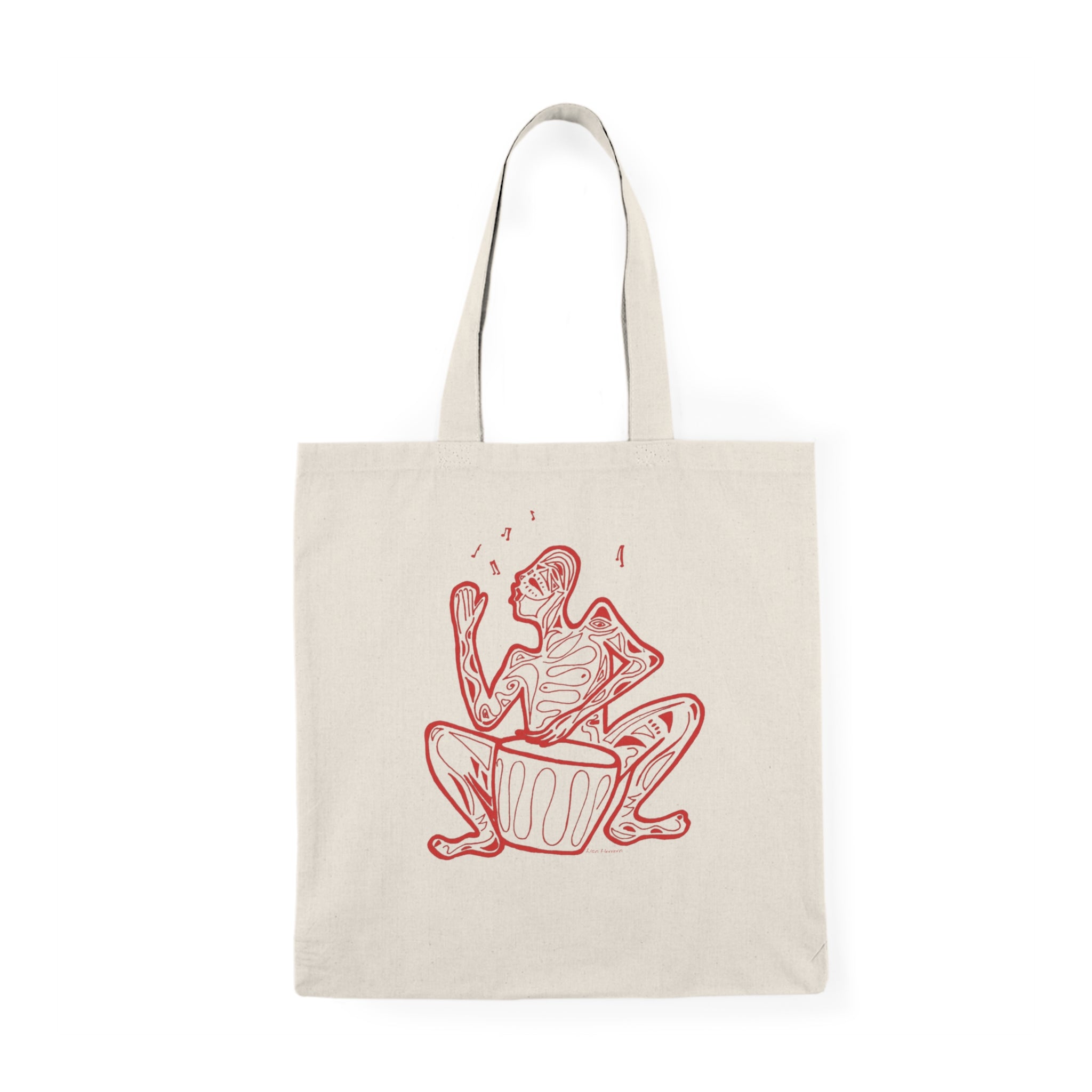 Tote Bag Canvas with Red Line Art Native Drummer — Eco-Friendly Music Lover Tote