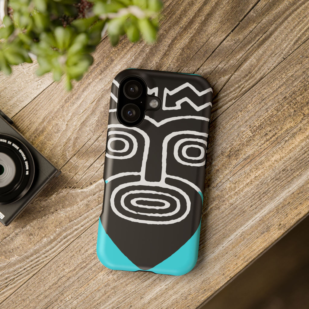 Phone case Impact-Resistant  — Abstract Tribal Mask Design (Black & Teal)