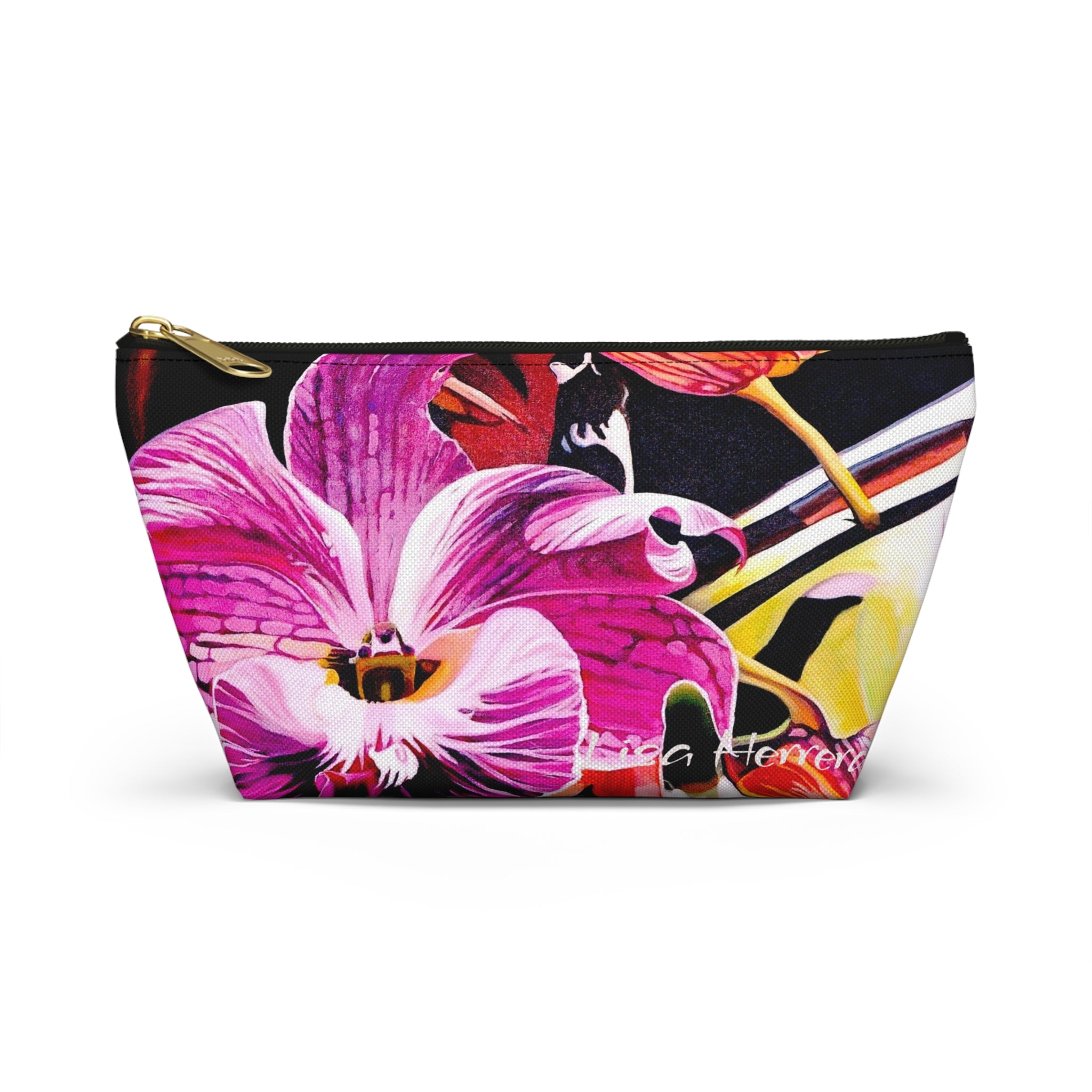 Floral Orchid Accessory Pouch Lisa Herrera art  — Pink Tropical Makeup Bag with T-Bottom