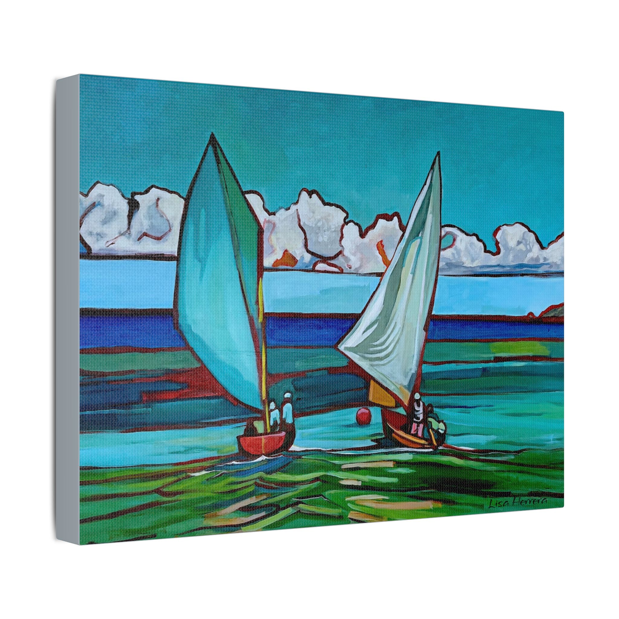 Canvas Print Lisa Herrera Art Workboat Race Sailboats at Sea Satin Canvas Print