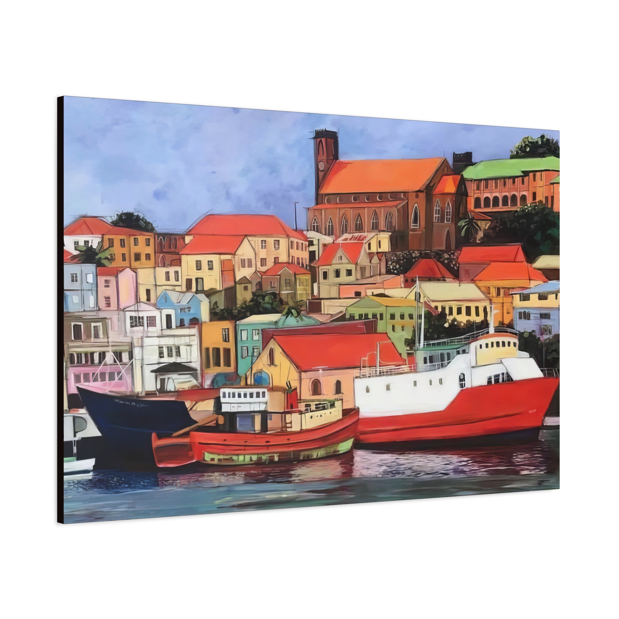 Printed Canvas of St. George's Carenage  Matte Canvas Print — Colorful Coastal Boats Wall Art