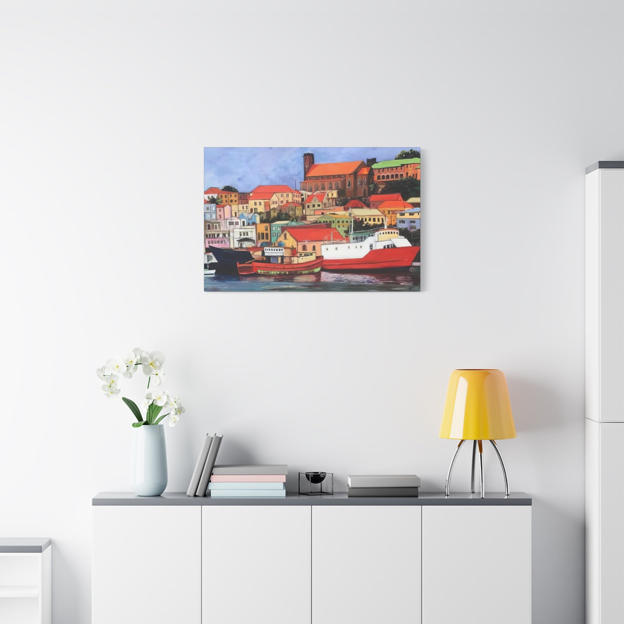 Printed Canvas of St. George's Carenage  Matte Canvas Print — Colorful Coastal Boats Wall Art