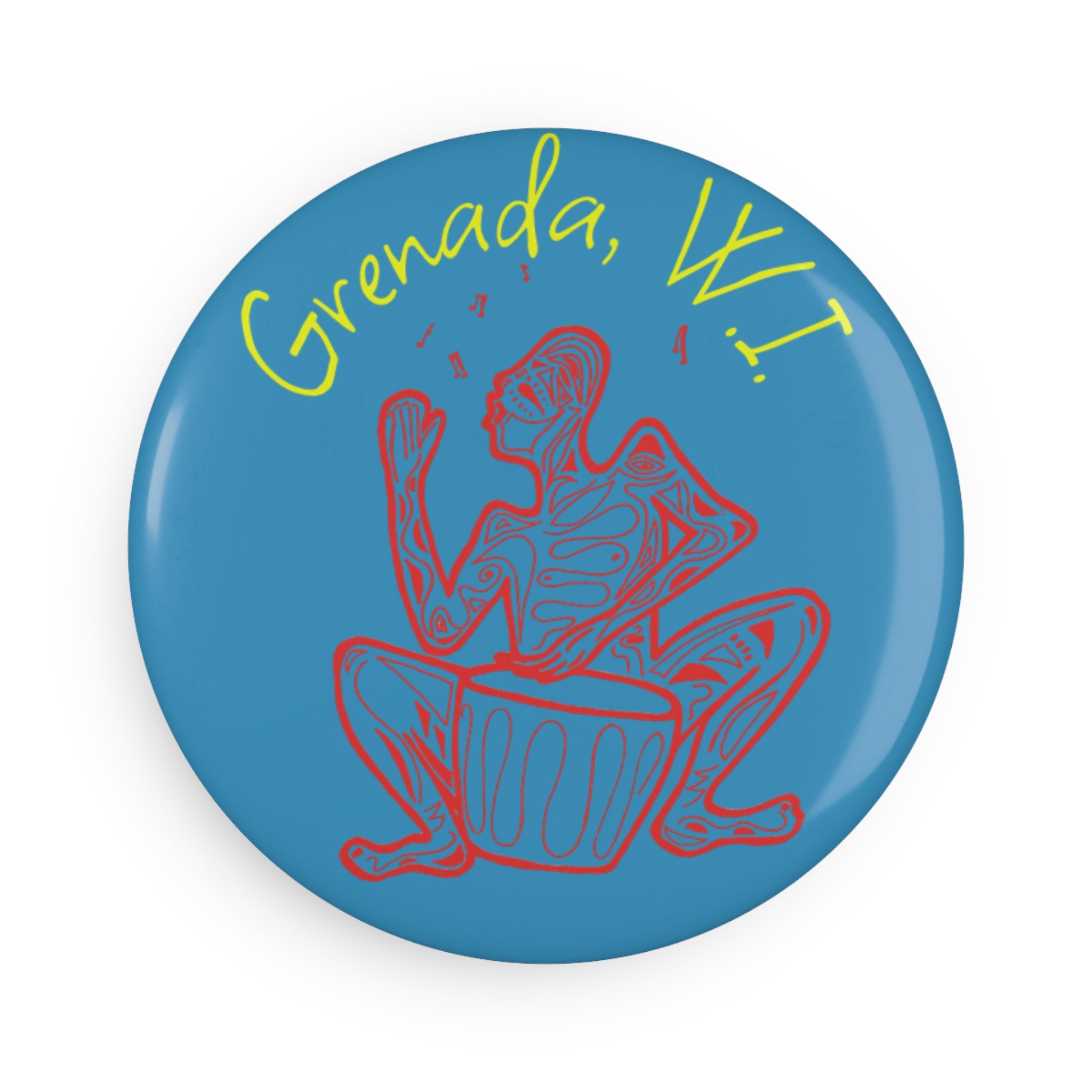 Round Magnet Red Drummer Blue — Red Line Art Button Magnet