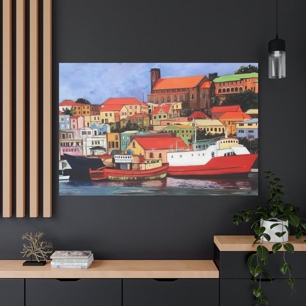 Printed Canvas of St. George's Carenage  Matte Canvas Print — Colorful Coastal Boats Wall Art