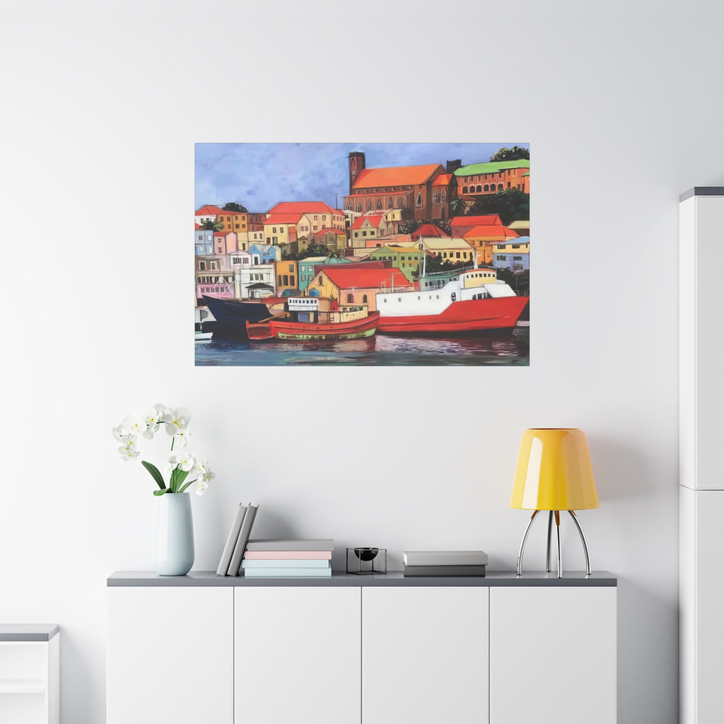 Printed Canvas of St. George's Carenage  Matte Canvas Print — Colorful Coastal Boats Wall Art