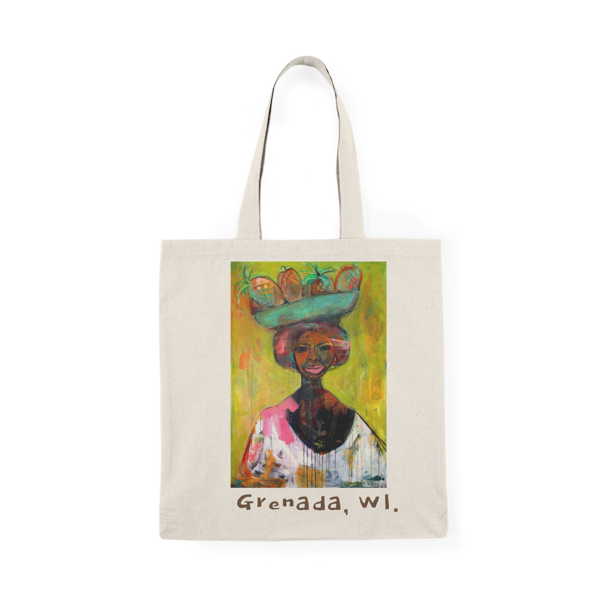 Tote Bag Painting Print Grenada Market Lady Canvas Tote Bag — Colorful Caribbean Art Grocery Tote