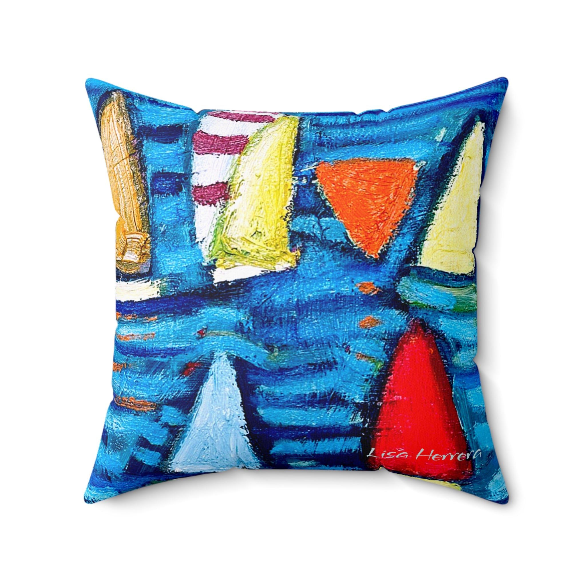 Throw Pillow Sailboats on Blue Waters Decorative Square Pillow – Colorful Nautical Throw Pillow