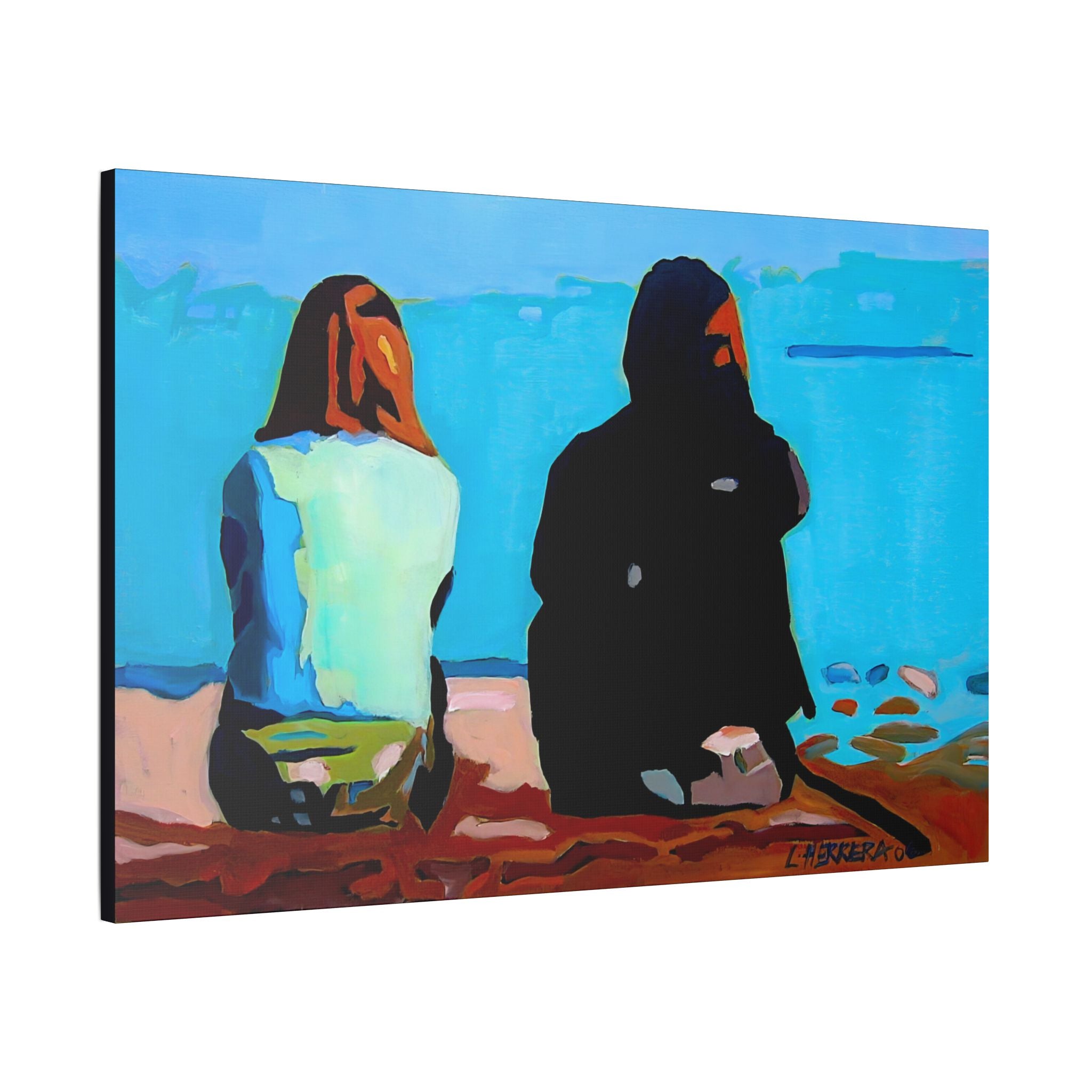 Canvas Print Lisa Herrera Art Beachside Conversation Satin Canvas Wall Art — Friends Sitting by Ocean Stretched Print