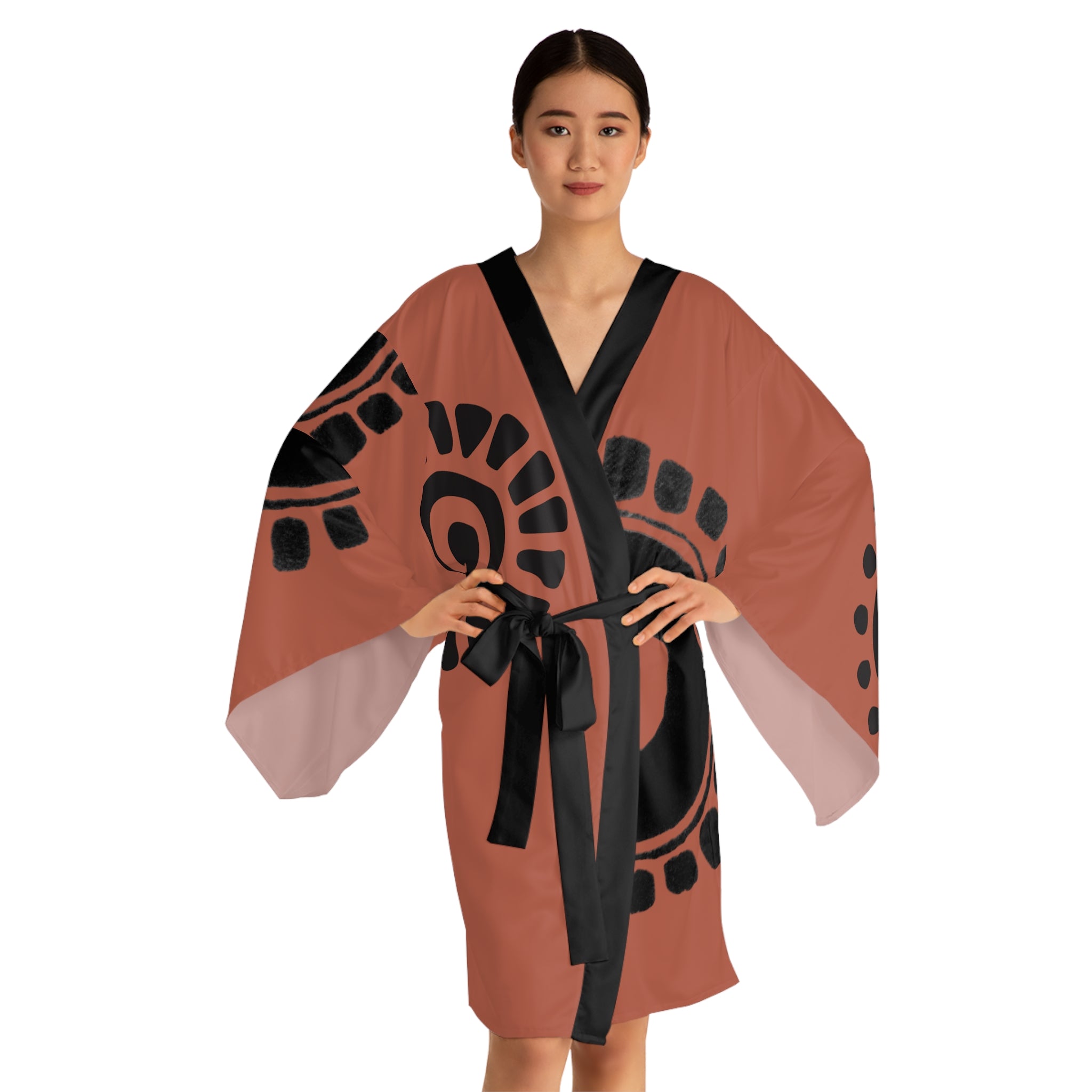 Kimono Robe Petroglyphs Brown — Lightweight Long Sleeve Lounge Wrap