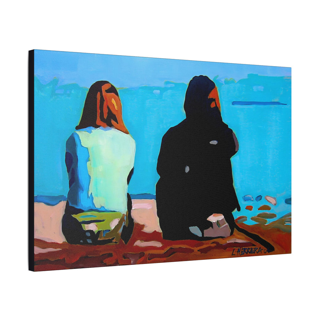 Canvas Print Lisa Herrera Art Beachside Conversation Satin Canvas Wall Art — Friends Sitting by Ocean Stretched Print