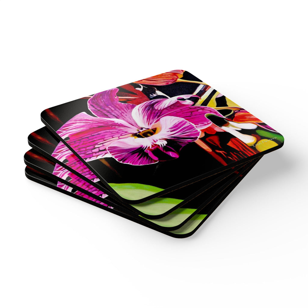 Tropical Orchid Cork Coaster Set — Floral Drink Coasters (4-Pack)