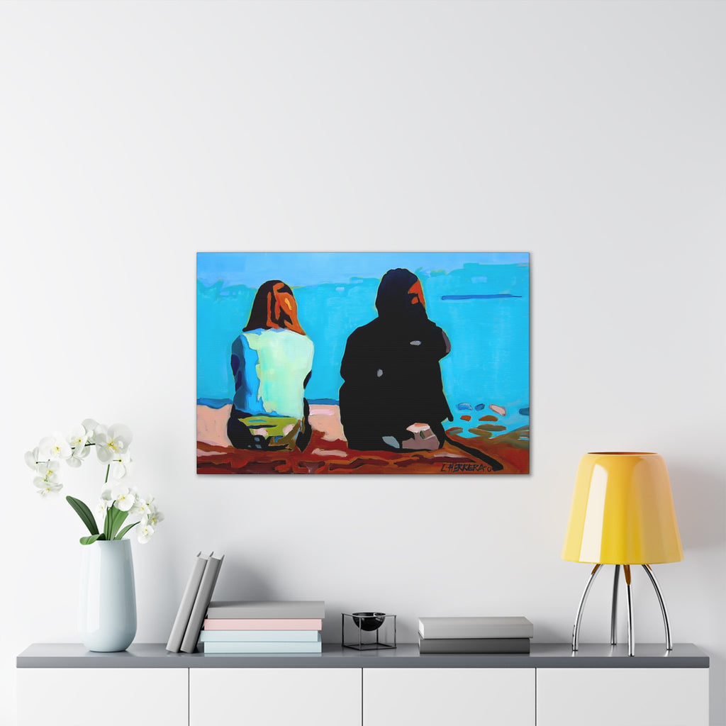 Canvas Print Lisa Herrera Art Two Friends Satin Canvas Wall Art — Friends Sitting by Ocean Stretched Print