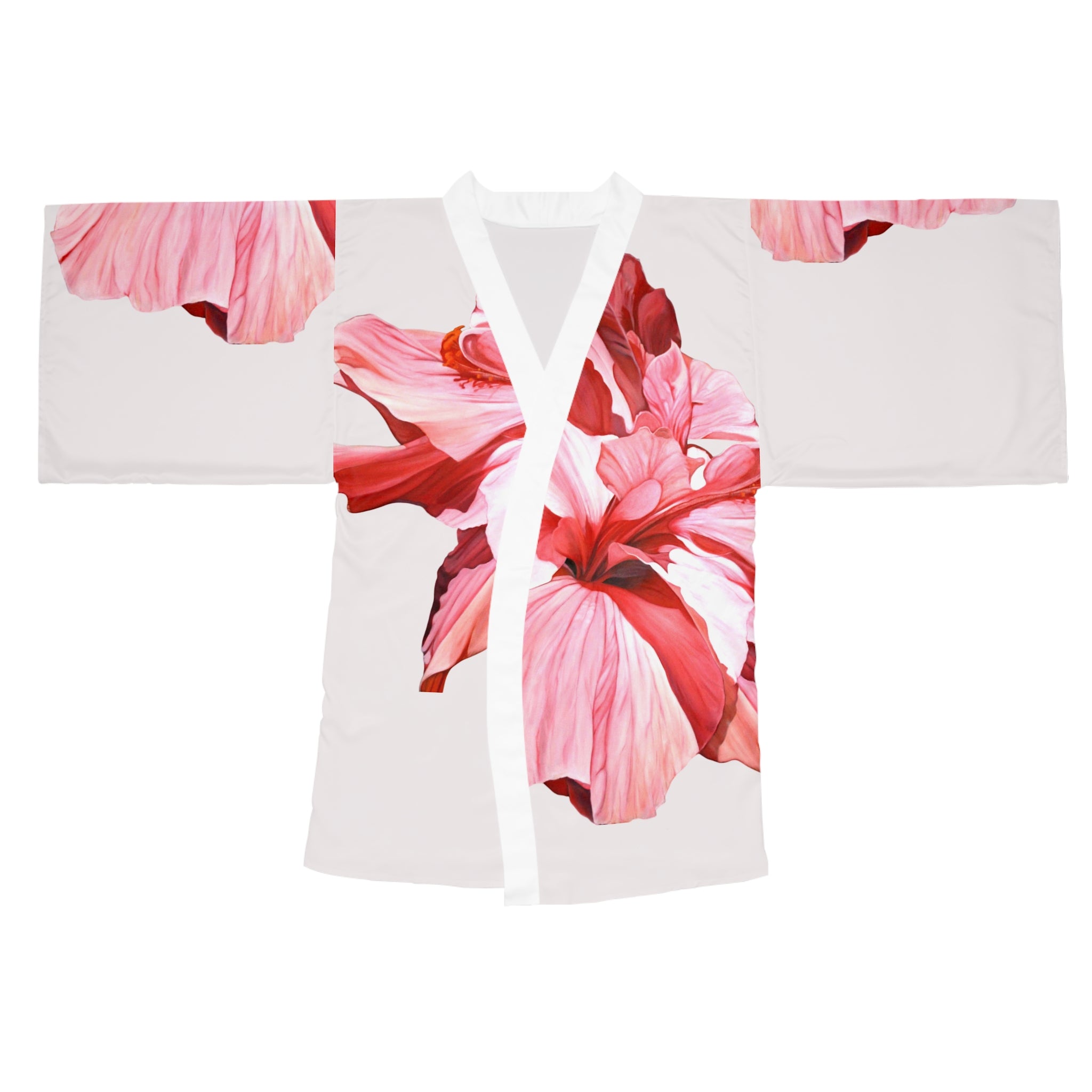 Kimono Pink Hibiscus Robe – Pink Hibiscus Print Long Sleeve Lounge Robe
