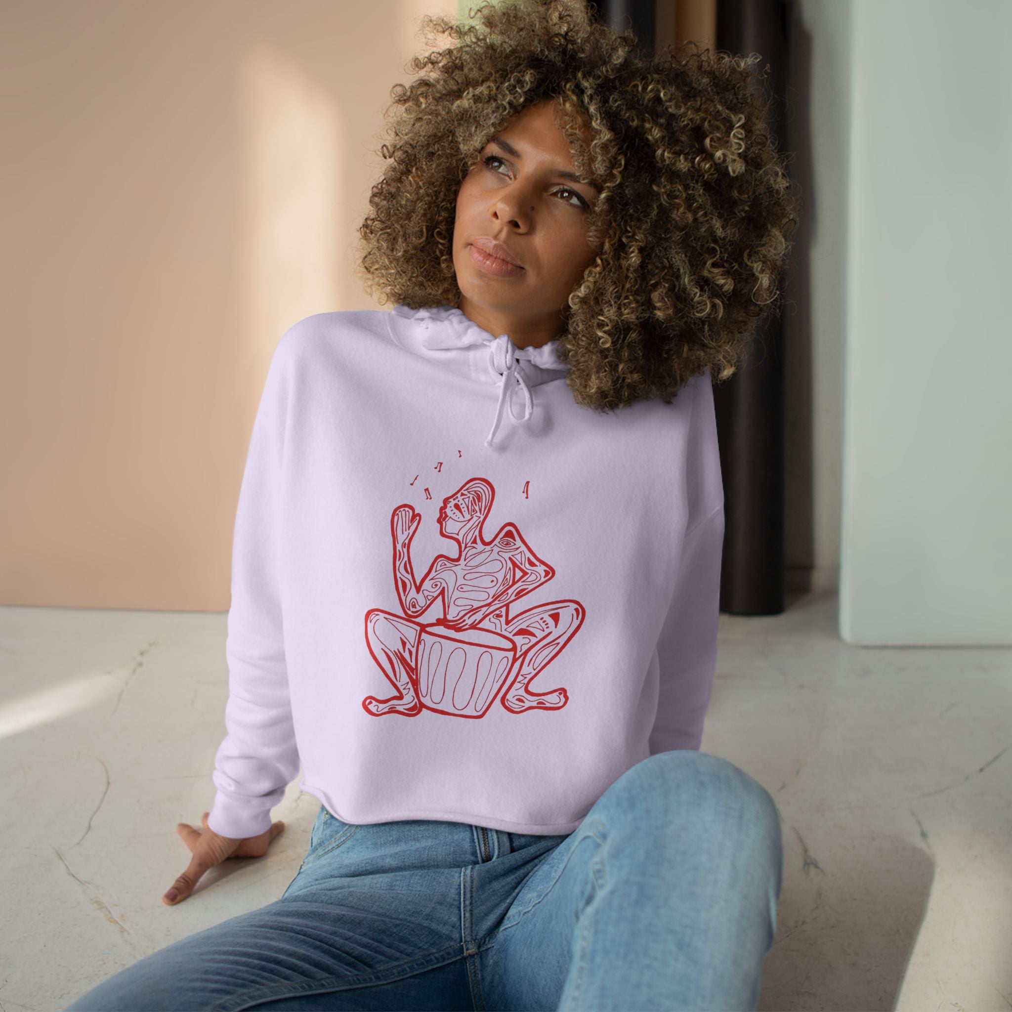 Cropped Hoodie Line drawing of Native Drummer —  Art Figure Graphic