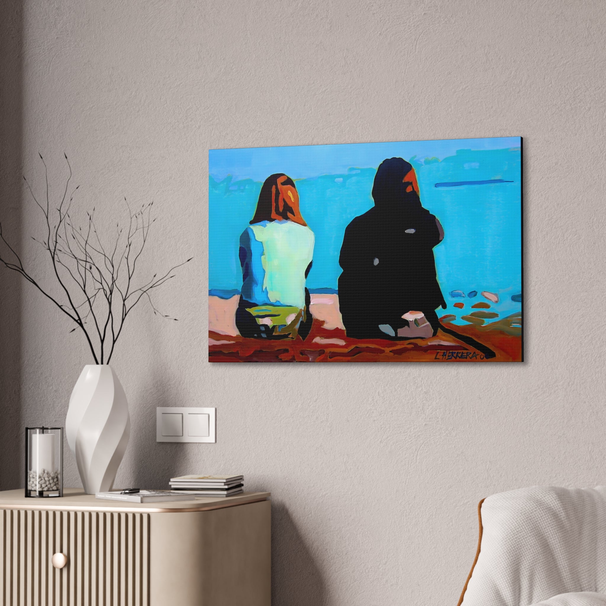 Canvas Print Lisa Herrera Art Two Friends Satin Canvas Wall Art — Friends Sitting by Ocean Stretched Print