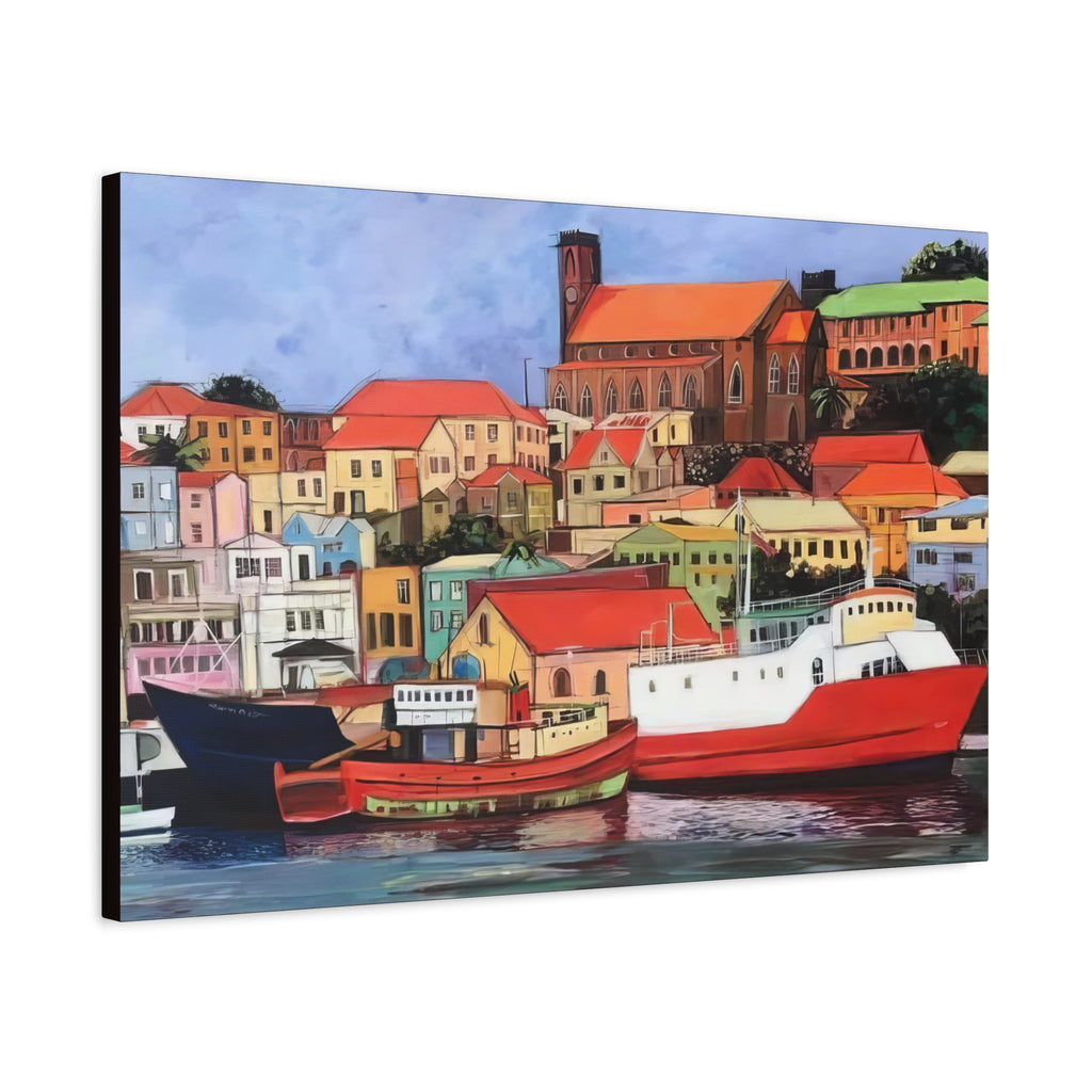 Printed Canvas of St. George's Carenage  Matte Canvas Print — Colorful Coastal Boats Wall Art