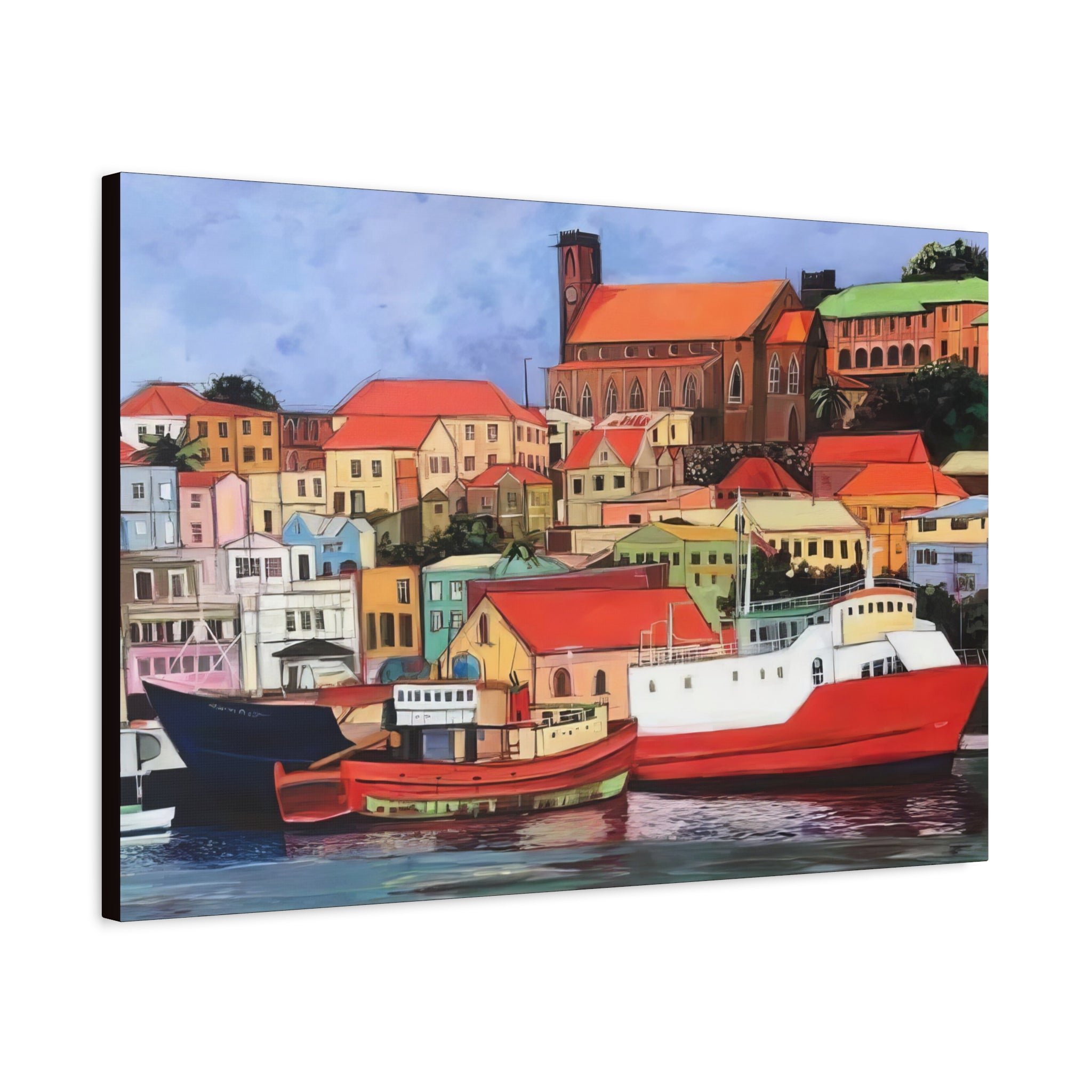 Printed Canvas of St. George's Carenage  Matte Canvas Print — Colorful Coastal Boats Wall Art